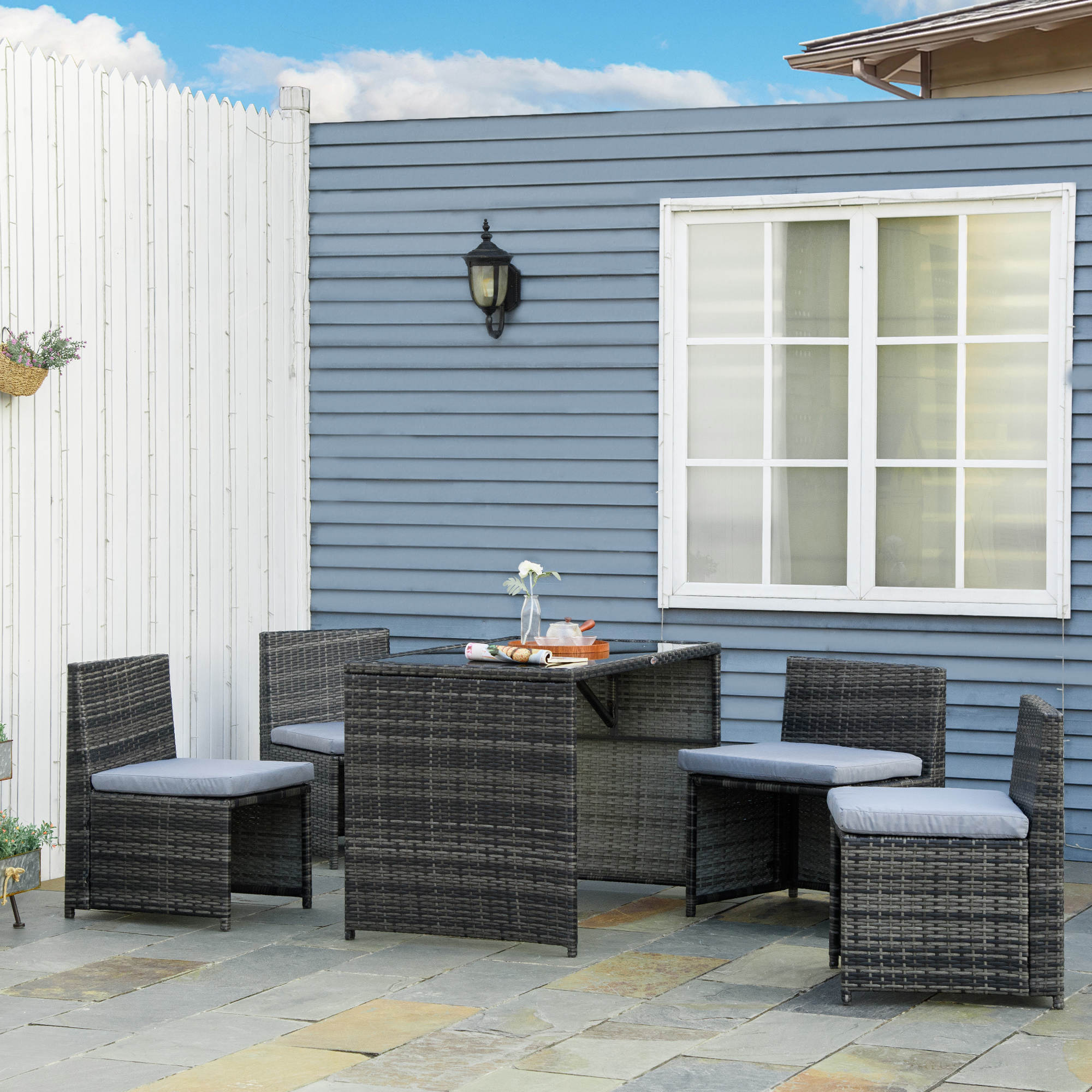 5 stuks Polyrattan tuinmeubelen rotan dining set tuinset grijs