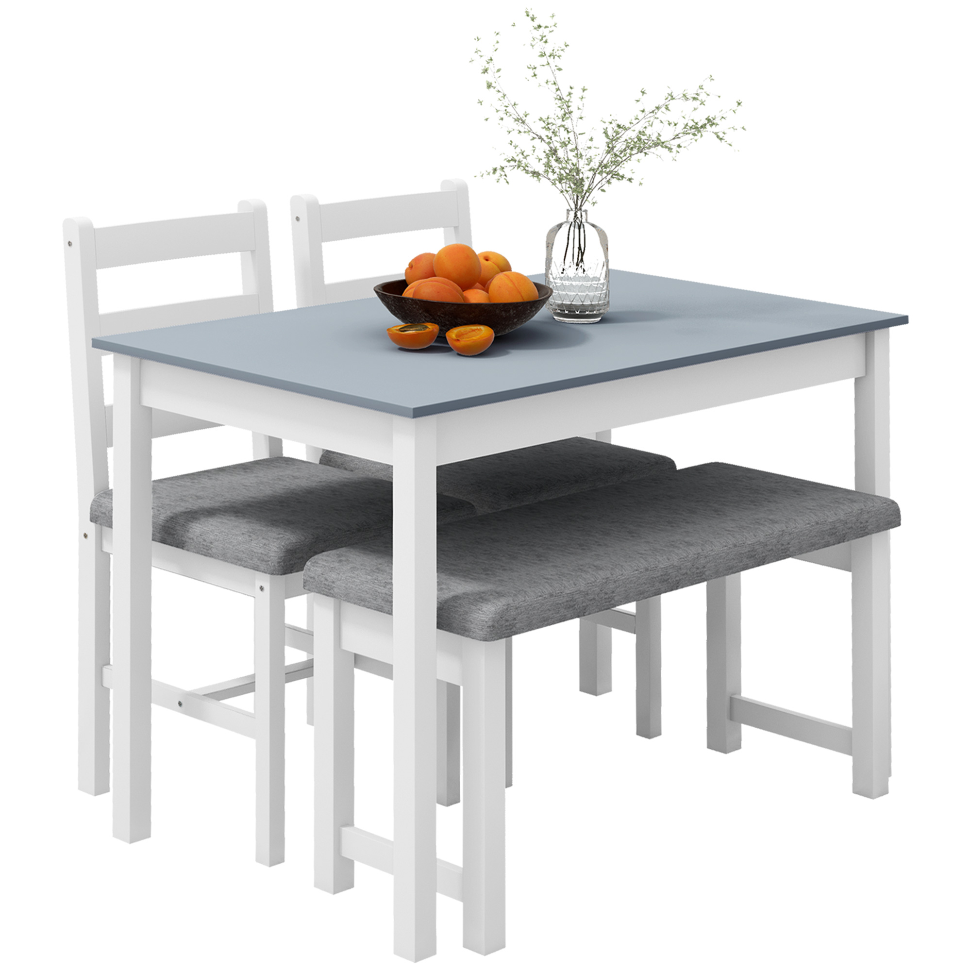 HOMCOM 4-delige eetset, 1 tafel, 1 bank, 2 stoelen, grijs+wit