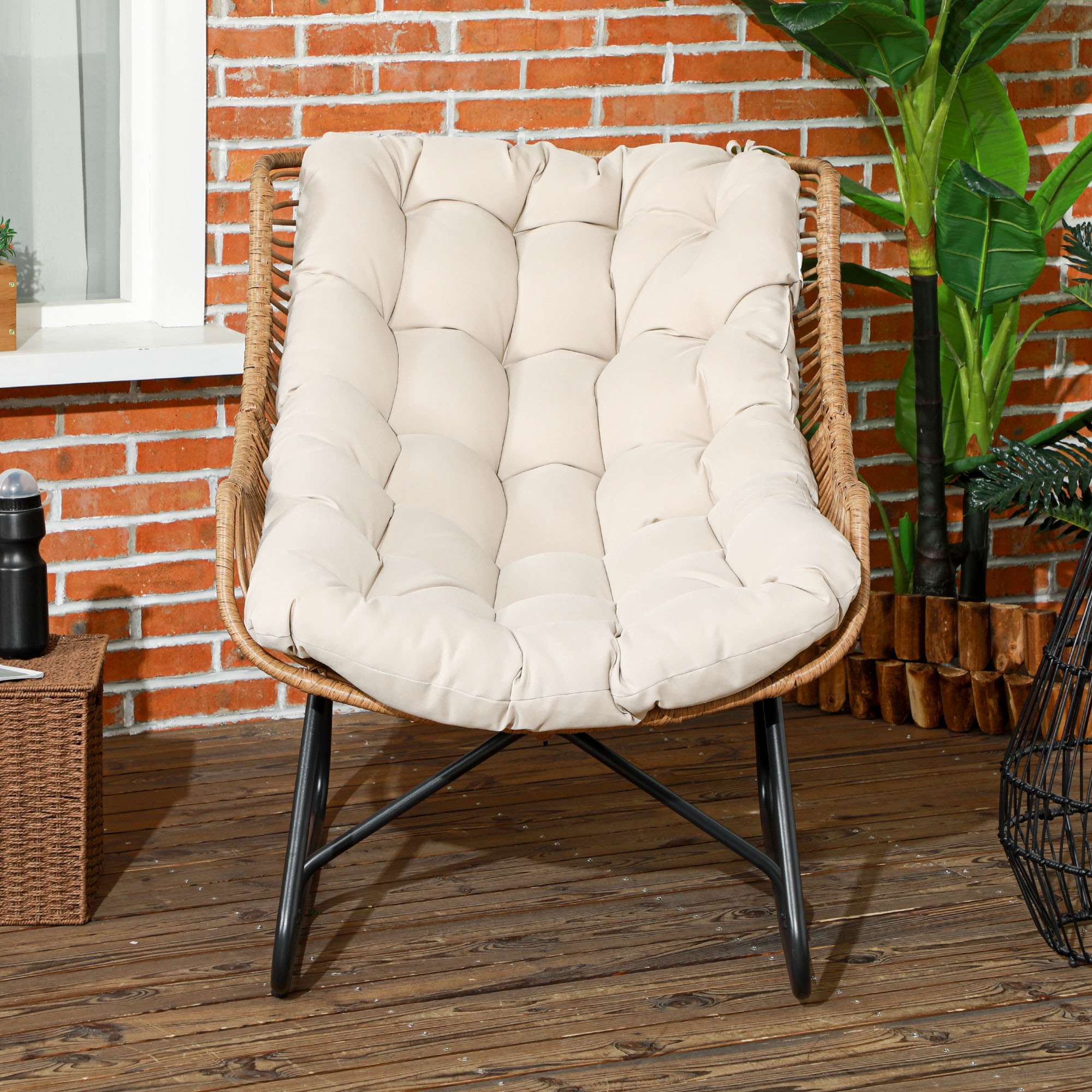 Outsunny Tuin Lounge, Rotan look, Buitensstoel, met Kussen, Metalen frame, 75x101x90 cm, Natuur/Khaki/Zwart