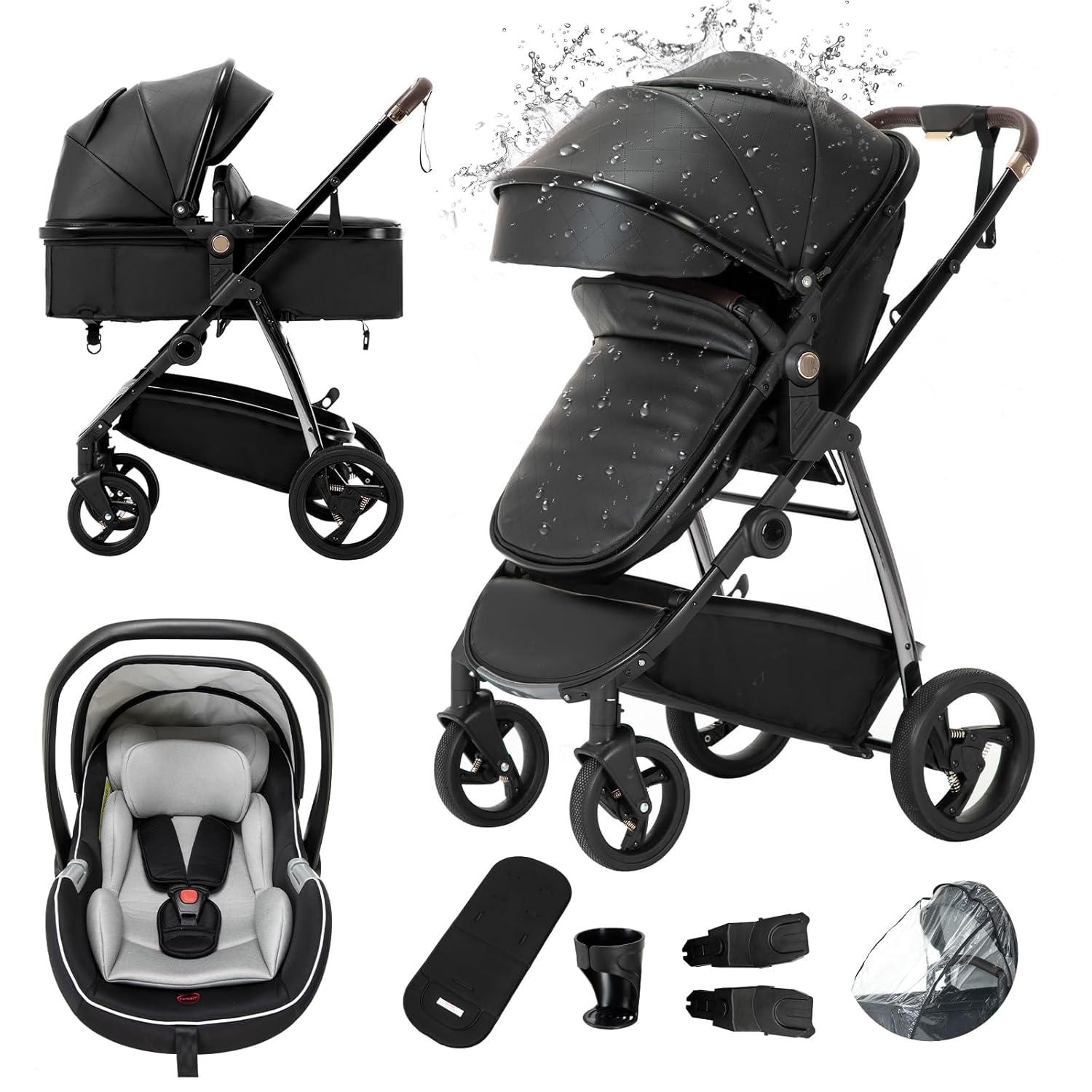 Gcarebb 3 in 1 Kinderwagen, Buggy Mit Auto Babyschale, Mit Höhenverstellbarer Kinderwagen Komplettset, KombiKinderwagen Mit Aluminiumrahmen für Neugeborene 0-4 Jahre