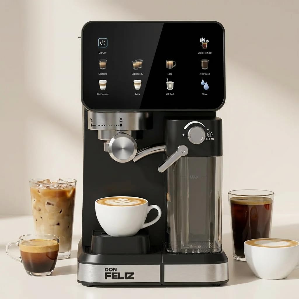 Don Feliz Macchina da caffè espresso semiautomatica, 20 bar, 1350 W, con display LCD, serbatoio del latte da 500 ml, serbatoio dell'acqua da 1,5 l, compatibile con Nespresso, Cappuccino, Americano