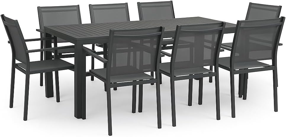 Totò Piccinni Salina Extendable Aluminium Rectangular Table Ideal for Garden with Slatted Top with Modern Design (Anthracite, Table Set 200/300 + 8 Armchairs)