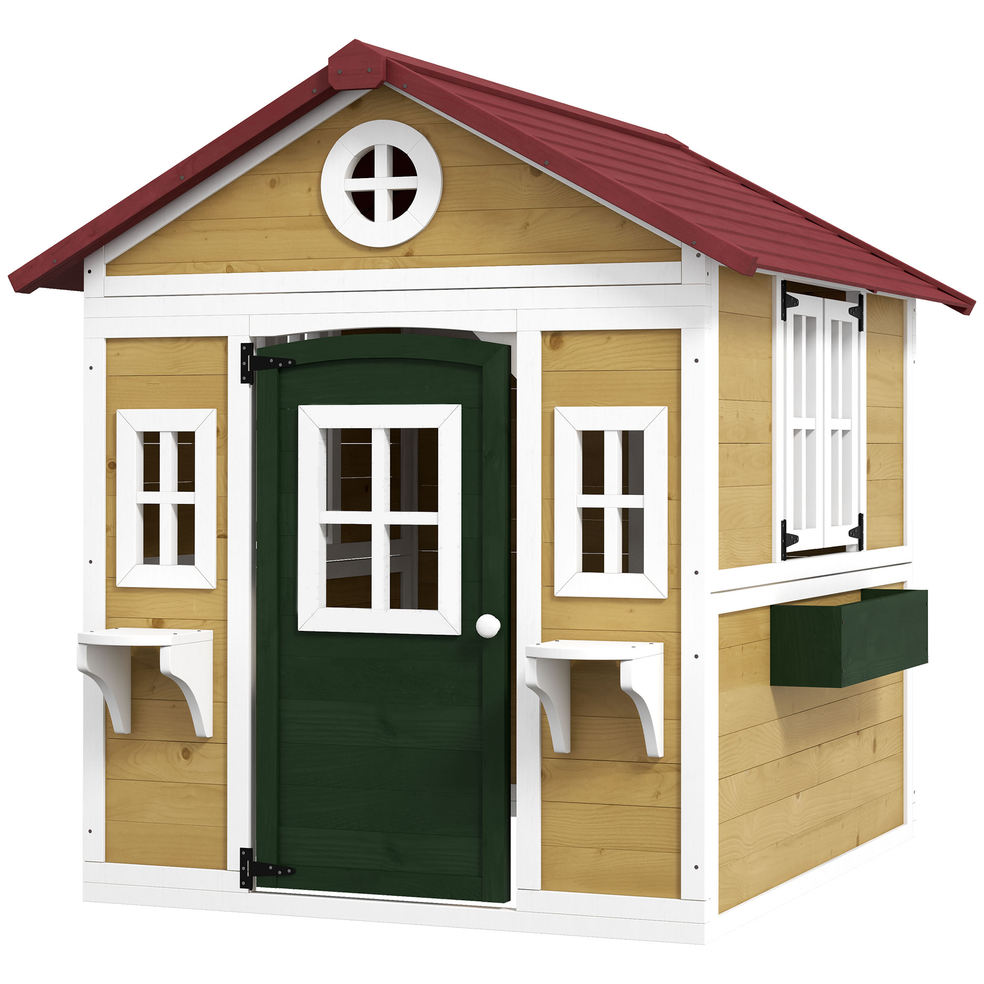 Outsunny Spielhaus für Kinder im Freien, Spielhaus für Kinder im Freien mit Tür, Fenstern und Blumenkästen 114 x 126,4 x 135 cm beige