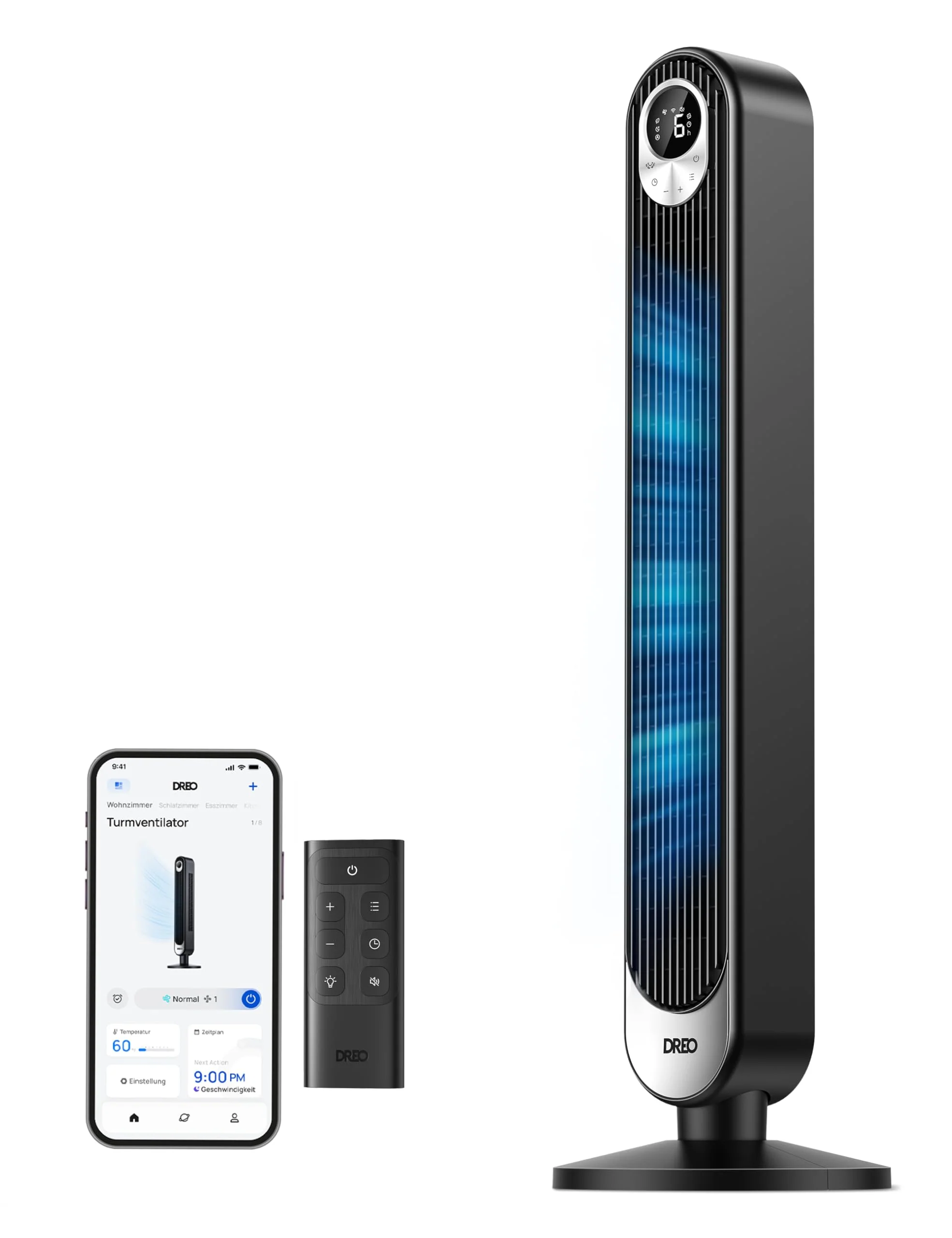 Dreo 20dB Turmventilator Leiser, 9M Windentfernung Ventilator mit Kühlung Fernbedienung, 6 Geschwindigkeitstufen 4 Modi, 90° Oszillierender Stand Ventilatoren für Schlafzimmer, Tower Fan mit 12H Timer