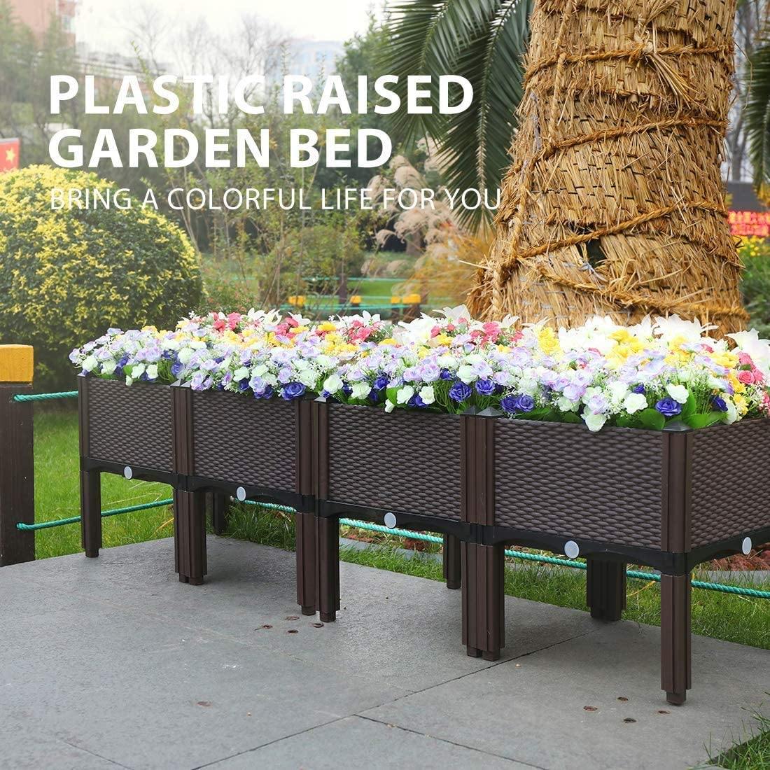Premium Raised Garden Bed Planter Kit by Elevated &ndash; Set of 4, Self Watering, Reinforced PP, Rattan Pattern, 19.5&prime;&prime;x19.5&prime;&prime;, Brown