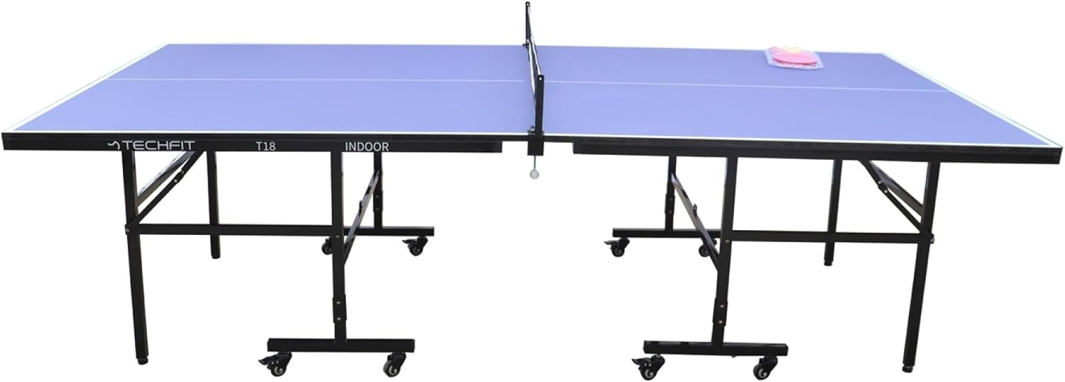 TechFit Tavolo da Ping Pong Professionale per Interni - Pieghevole da Interno con Inclinazione Unilaterale, Struttura Metallica Nera, Rete da 180 cm, Roti Silconate con Freni, 274x152,5x76 cm