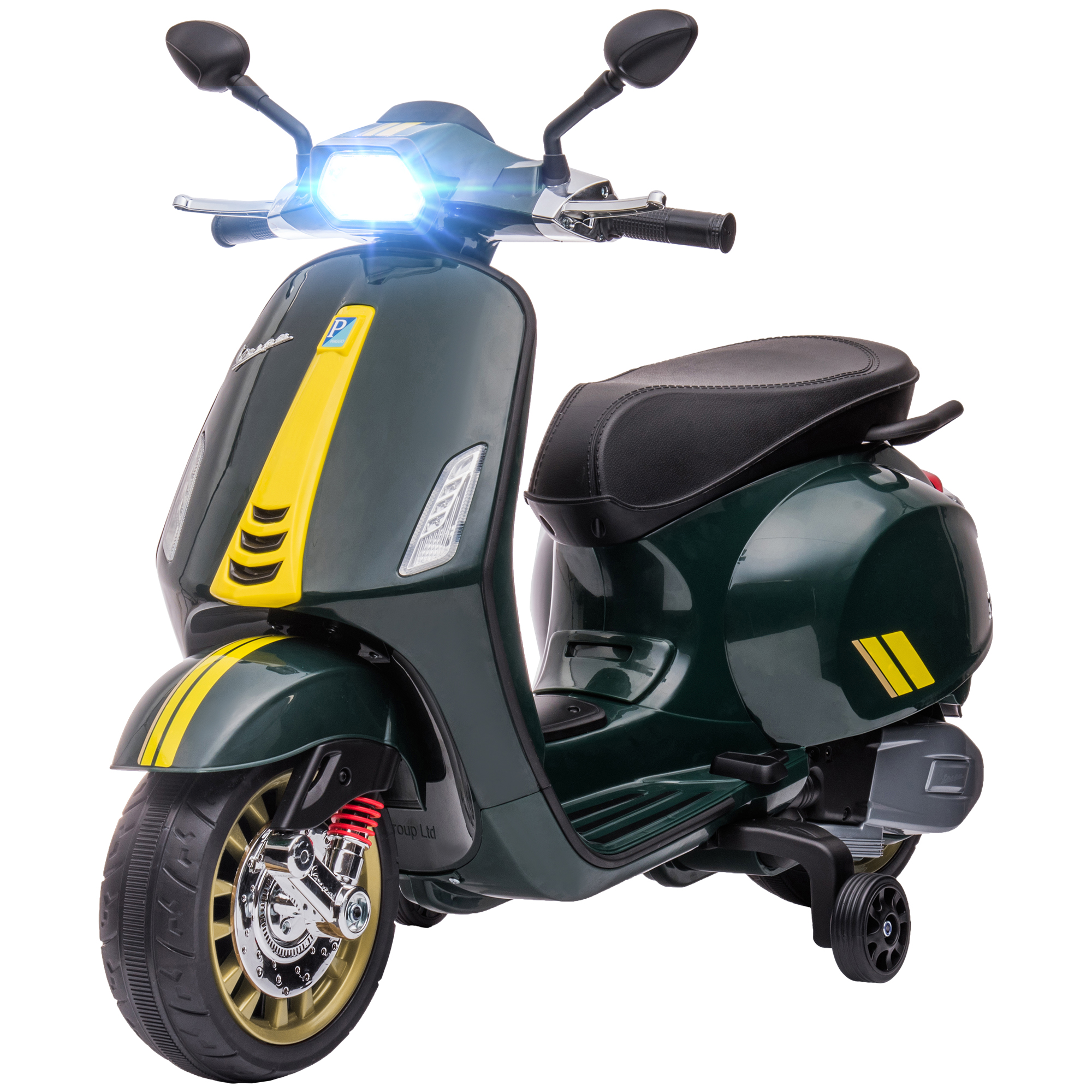 AIYAPLAY Elektrische Kinder Vespa, 3 km/u, 3-6 Jaar, Muziek, Licht & Radio, Donkergroen