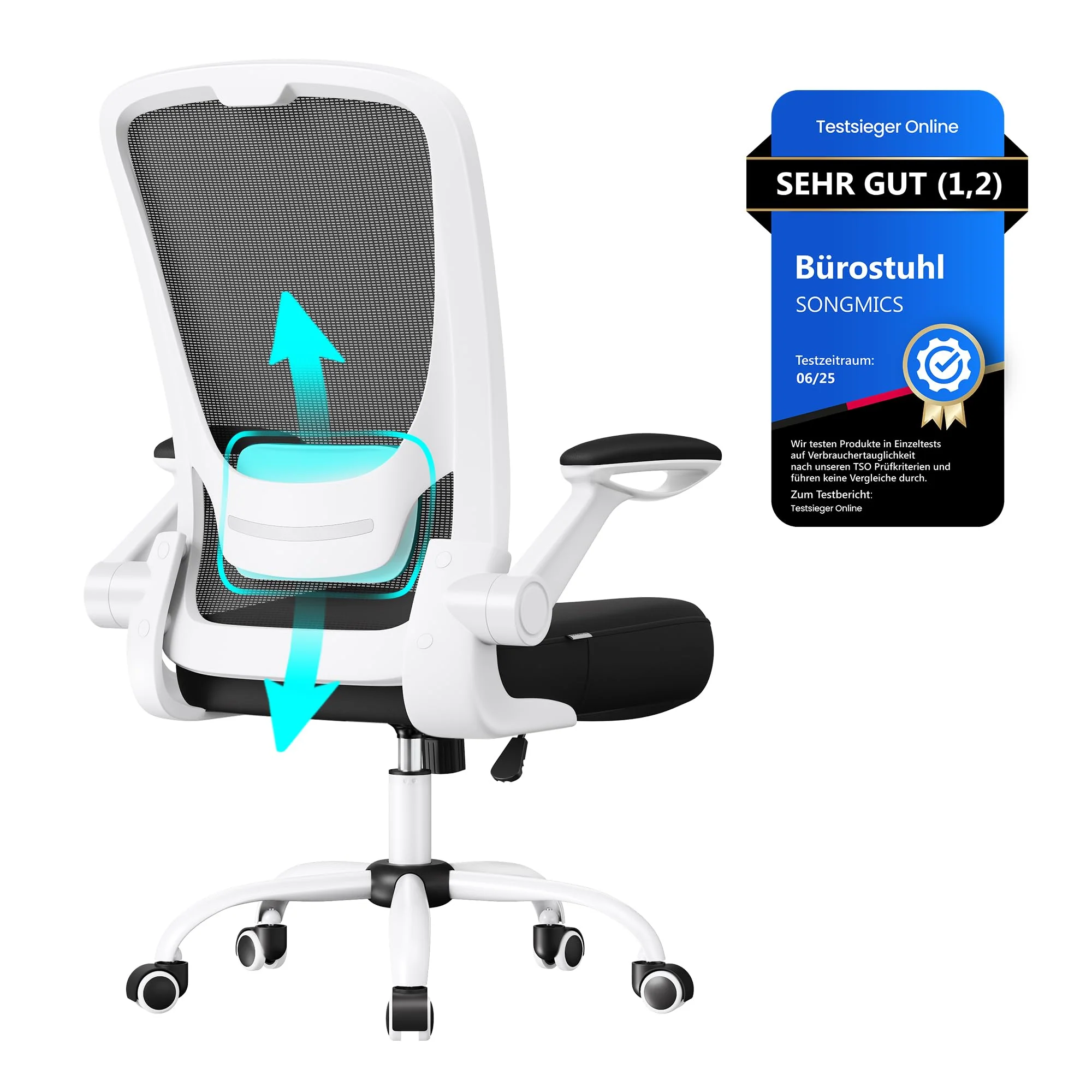 SONGMICS Ergonomischer Bürostuhl mit klappbaren Armlehnen und höhenverstellbarem Sitz