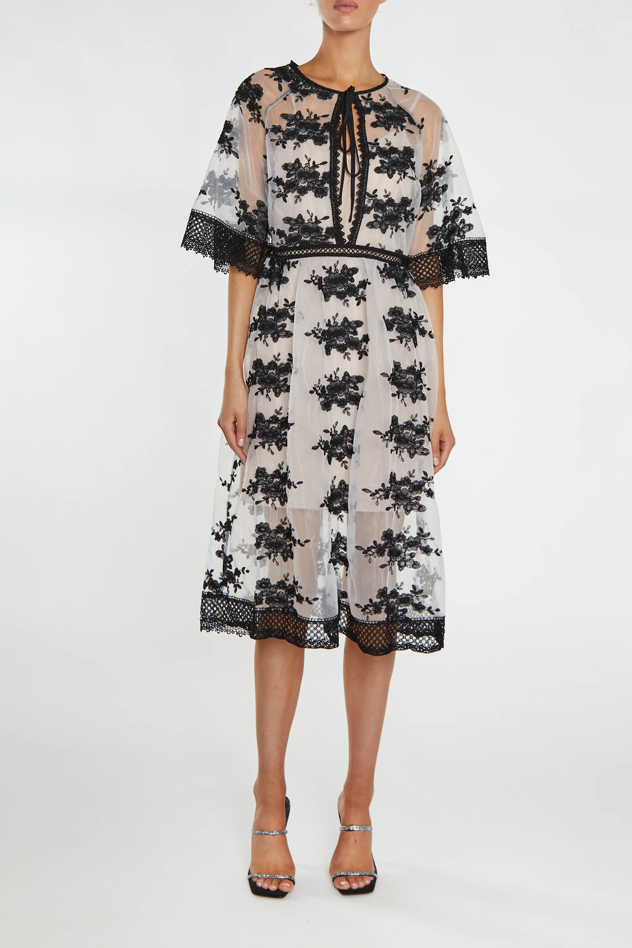 Eva Nude Black Embroidery Lace Trim Angel Sleeve Midi-Dress