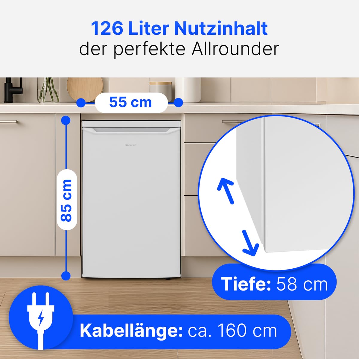 Kühlschrank ohne Gefrierfach 126 L, Energieklasse C, 85 cm hoch, leise 35 dB, 3 Glasablagen, weiß