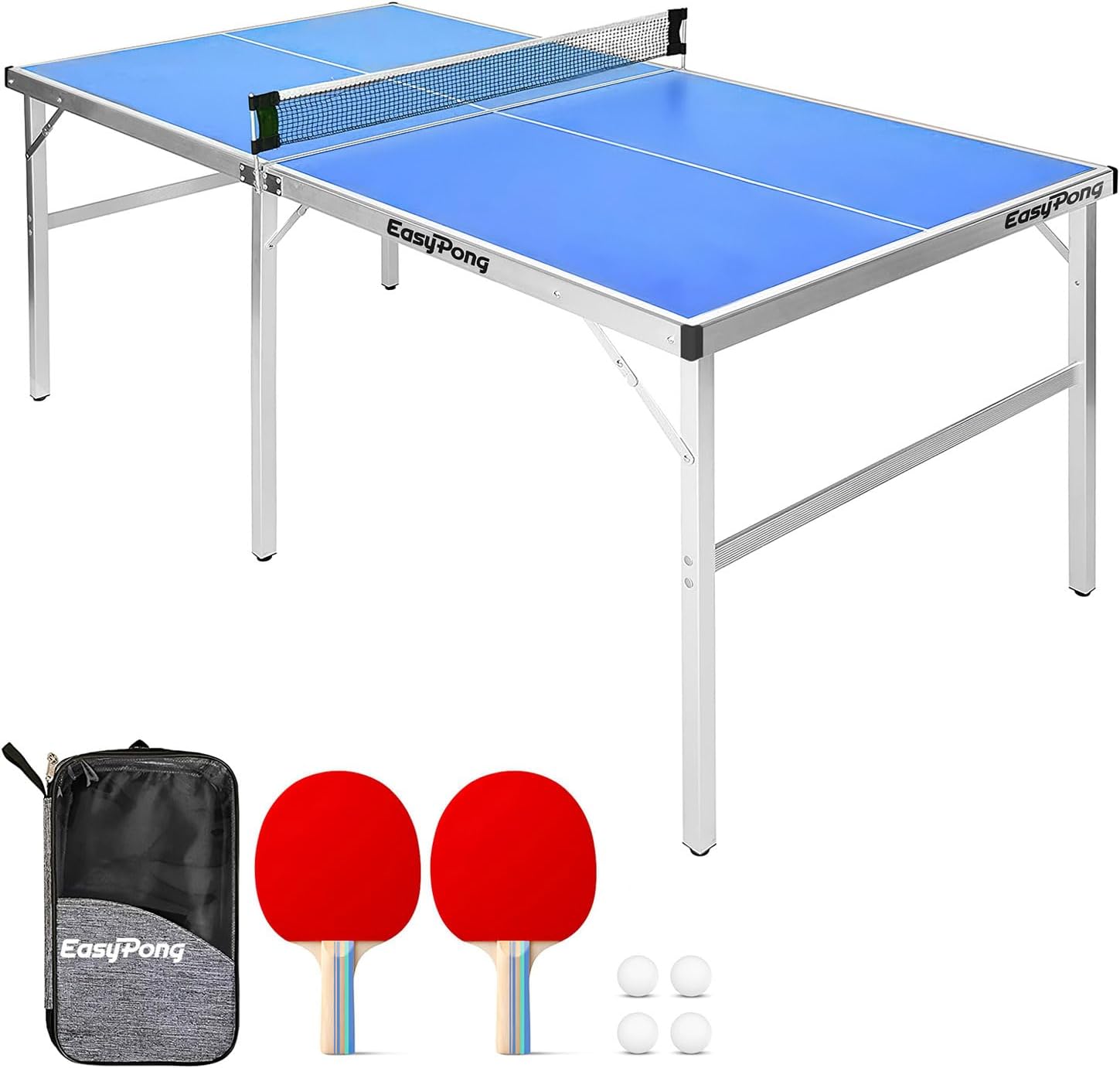 EasyPong | Tavolo da Ping Pong Blu | 182x91cm | qualit脿 Premium | Facile da trasportare | Stabile | Ideale per Esterni e Interni | 2 Racchette + 4 Palline | Tennis da Tavolo | OriginalCup