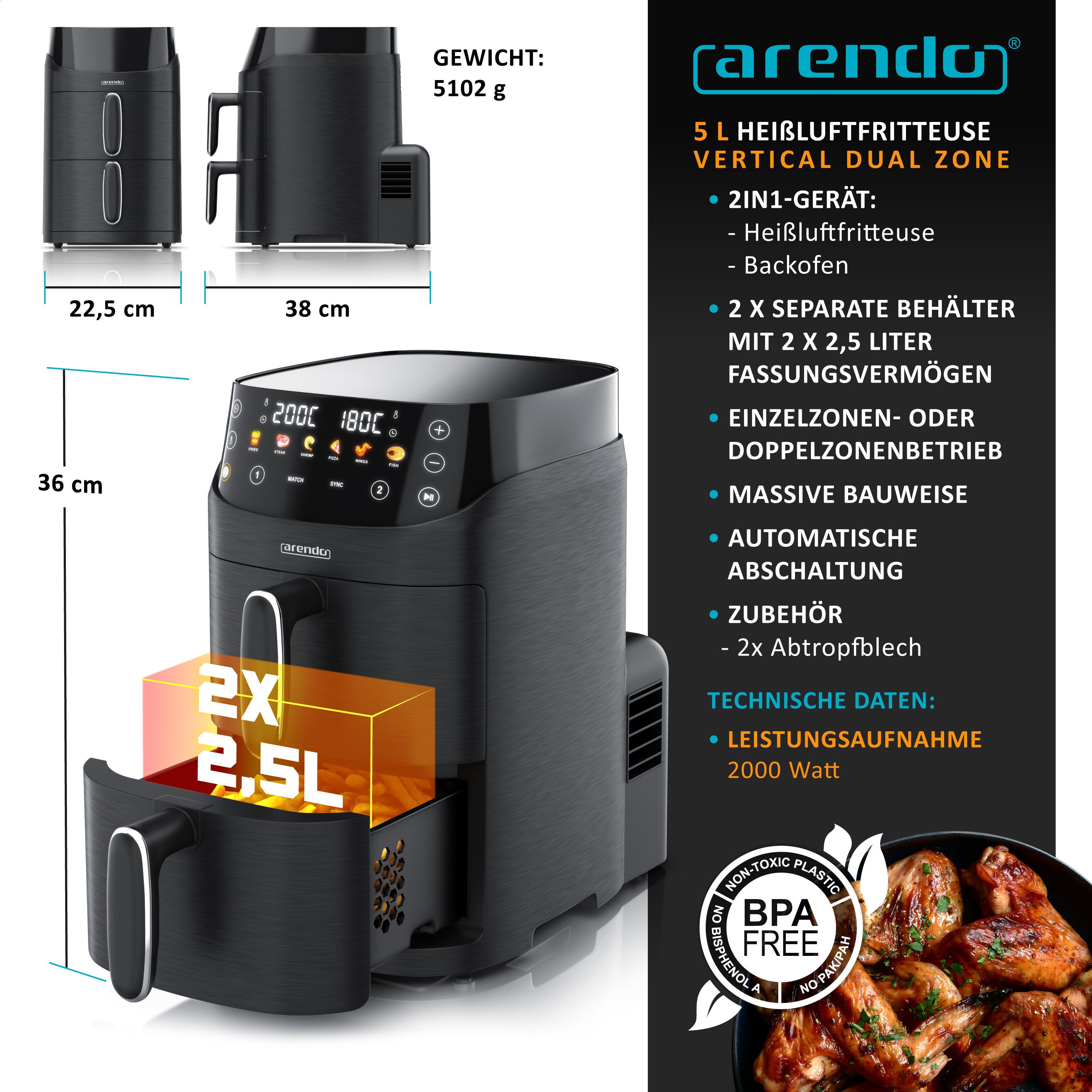 Heißluftfritteuse mit 2 Kammern Übereinander, Doppelkammer Airfryer 5L, Dual Zone