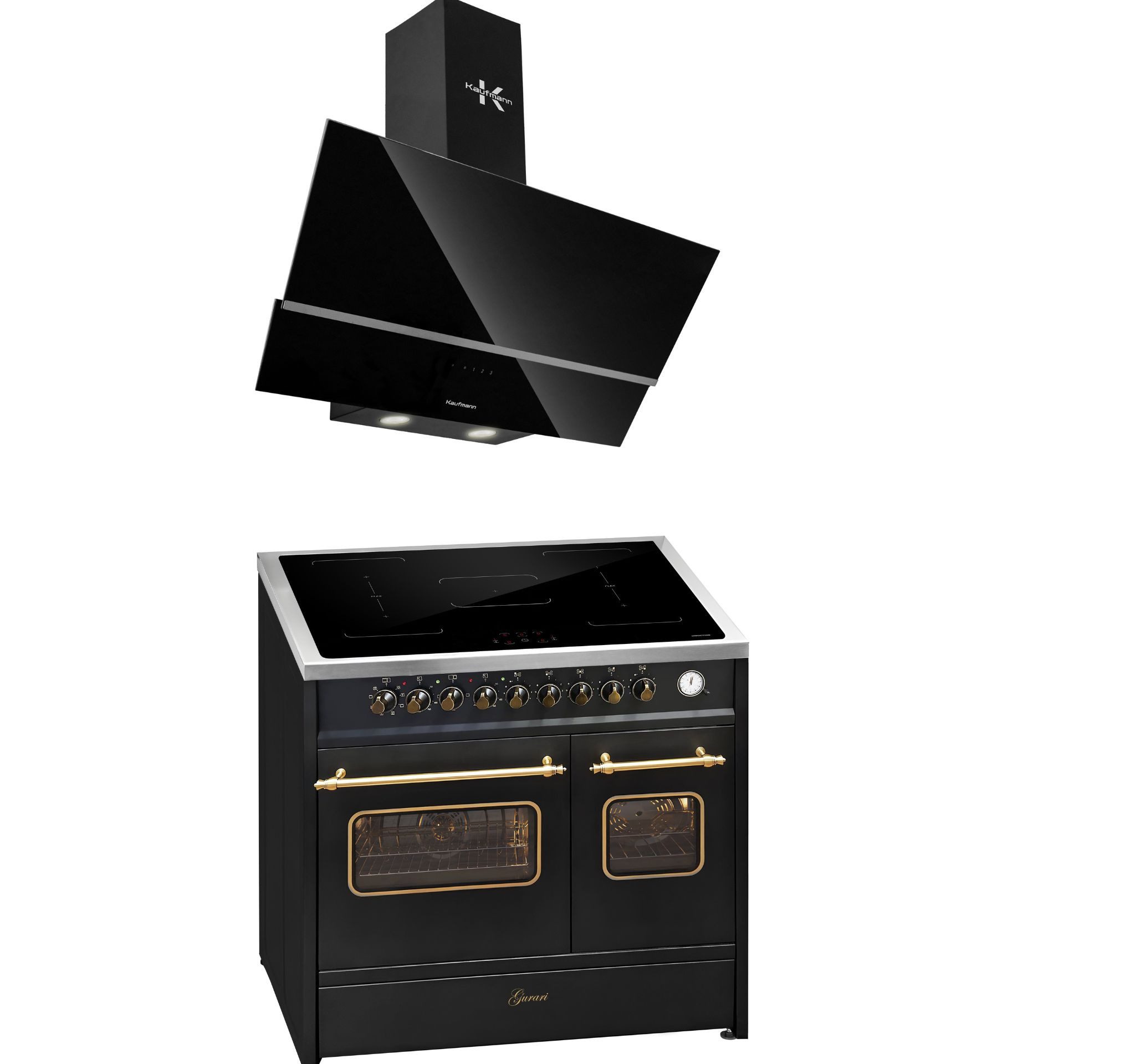 Induktions-Standherd Retro Elektro Standherd 90 cm, Range Coocker mit FLEX Induktion+Dunstabzugshaube 90 cm 1000 m³/h E 913 DF RU BL+LUNA 90 BL