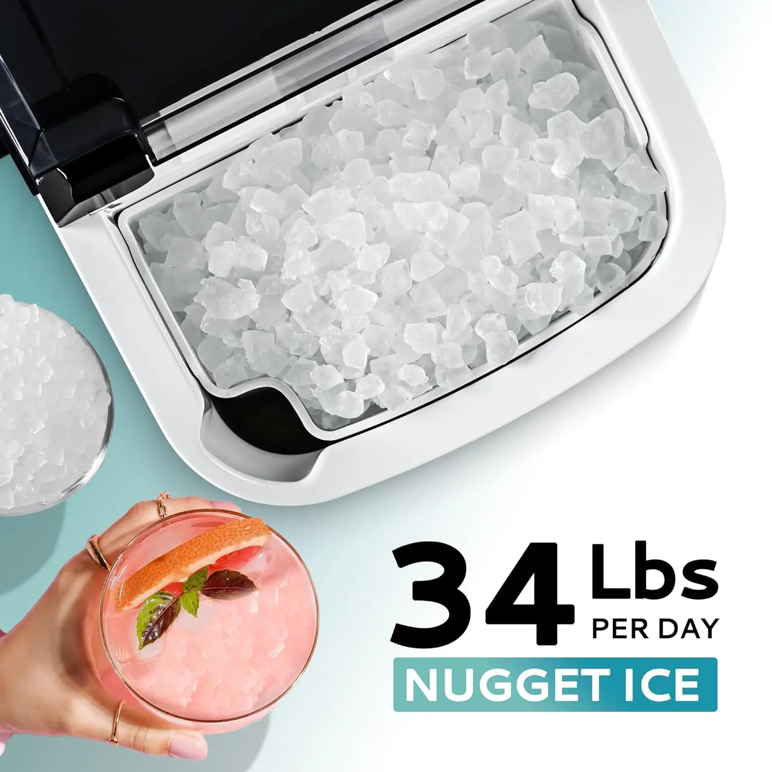 EUHOMY Nugget Ice Maker Countertop with Handle, Ready in 6 Mins, 34lbs/24H, Removable Top Cover, Auto Cleaning, Portable Sonic Ice Maker with Basket and Scoop, for Home/Party/RV/Camping. (Black)