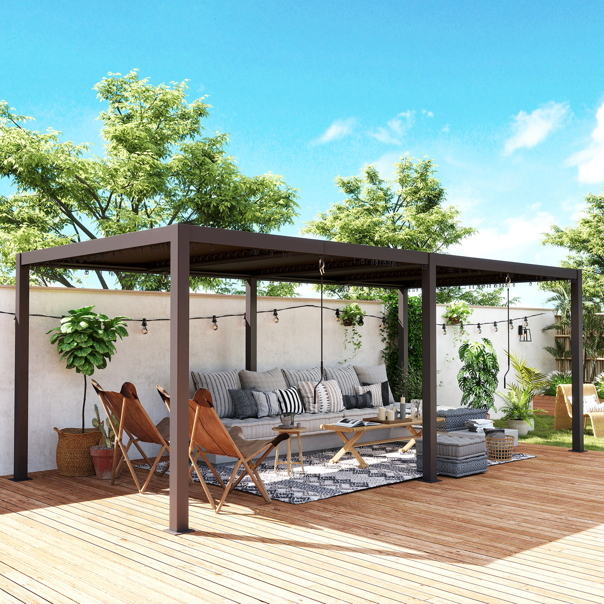 Outsunny Gartenpergola 3 x 6 m Outdoor-Pergola mit verstellbaren Lamellen-Aluminiumdachkurbeln, Dunkelgrau
