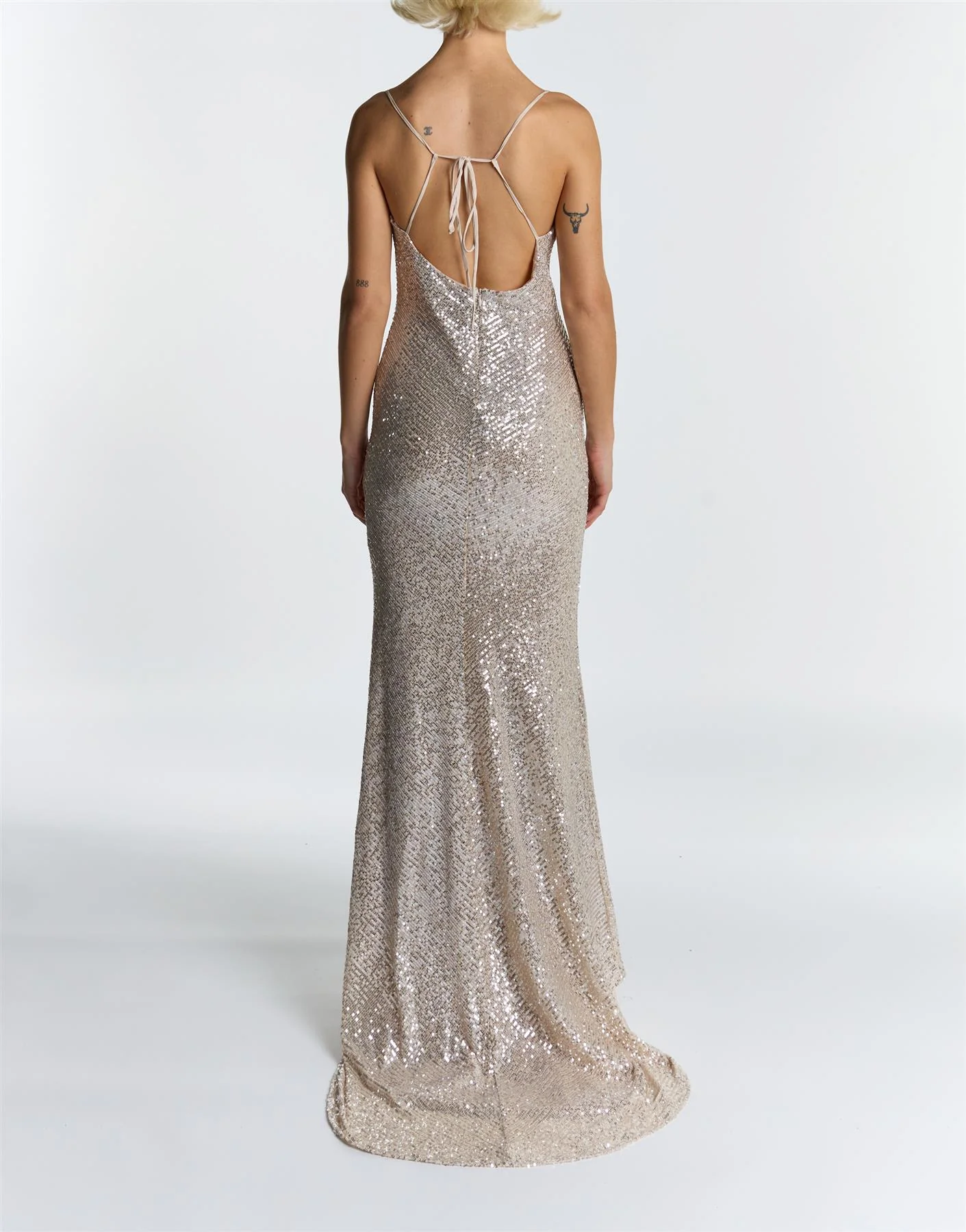 Pippa Champagne Sequin Cowl Neck Front Split Slip Dress