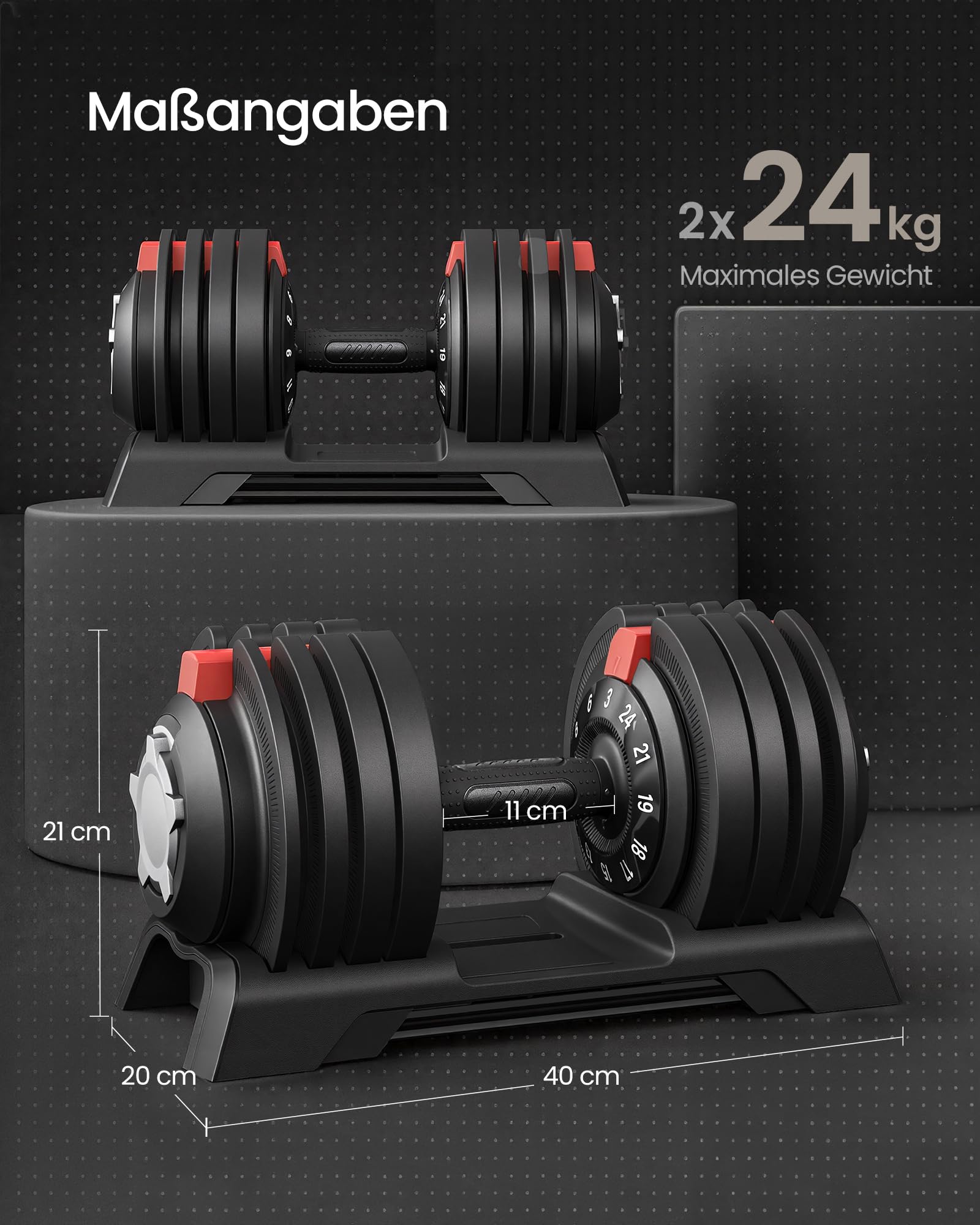 Verstellbare Kurzhanteln 2er Set 3 bis 24 kg mit Ständer, Schnellverstellung für Krafttraining zuhause