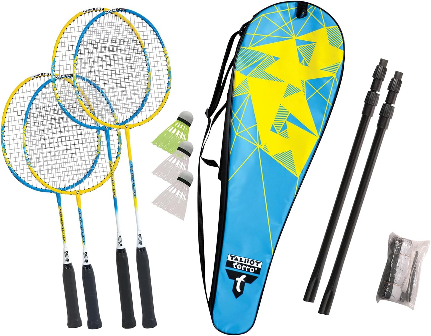 Talbot Torro Set da Badminton Family, Set Completo, 2 Racchette Junior da 53cm, 2 Racchette Standard, 3 volani, Rete Regolabile in Altezza, in una Borsa di Qualità, 449507