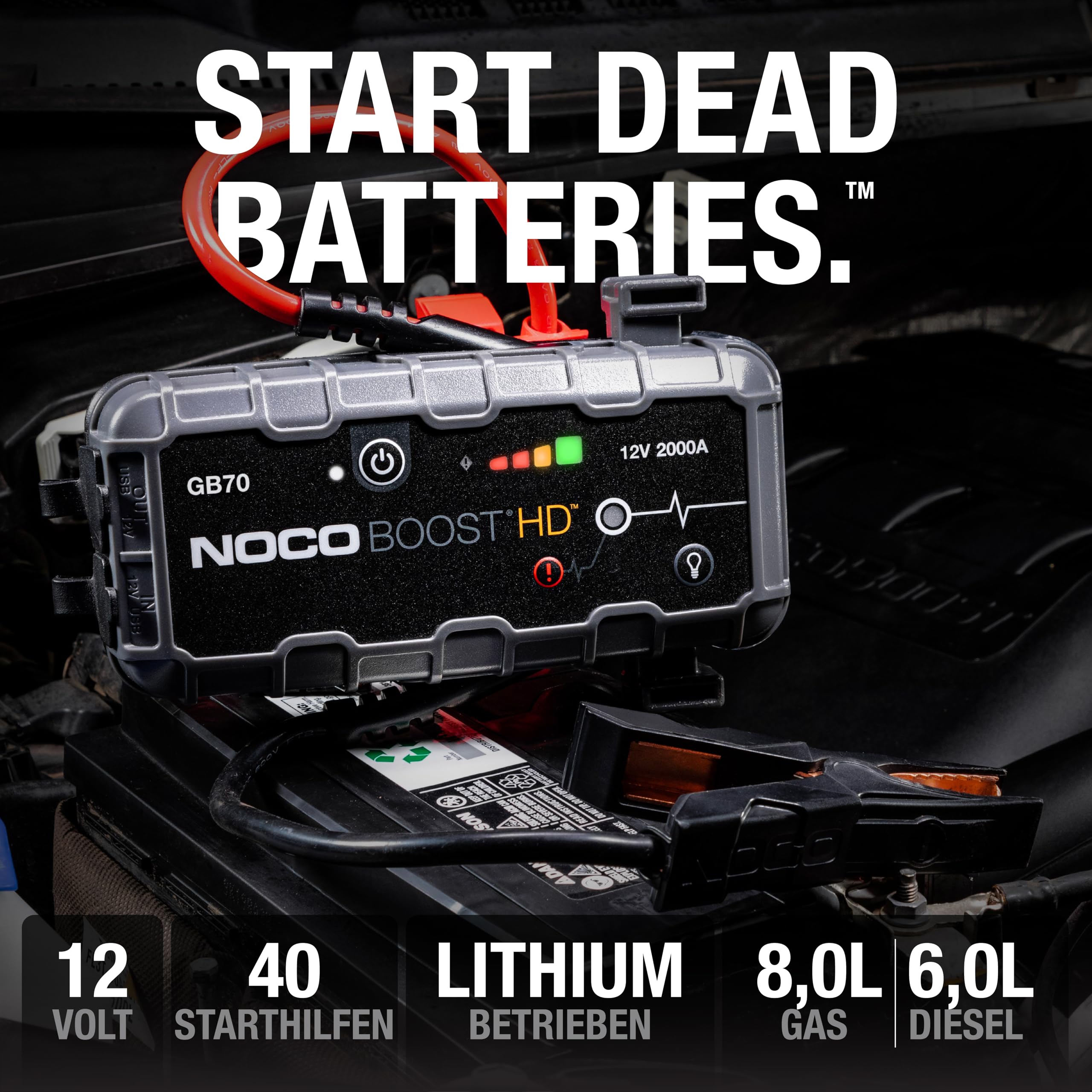 NOCO Boost GB70 2000A Starthilfe Powerbank für Benzin bis 8,0L und Diesel bis 6,0L 12V Lithium Jump Starter