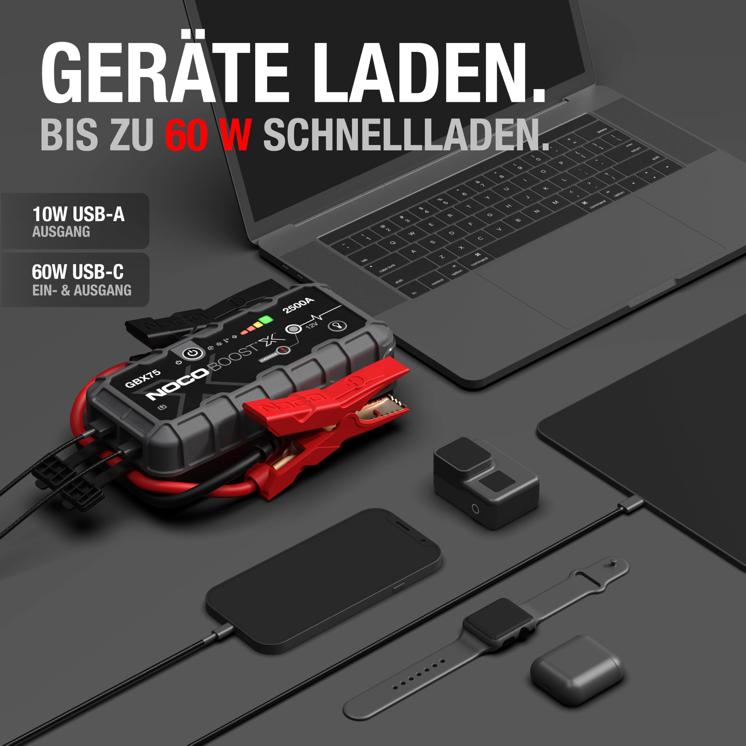 Starthilfe Powerbank 2500A für Benzin bis 8,5 L und Diesel bis 6,5 L, 12V Lithium mit USB-C