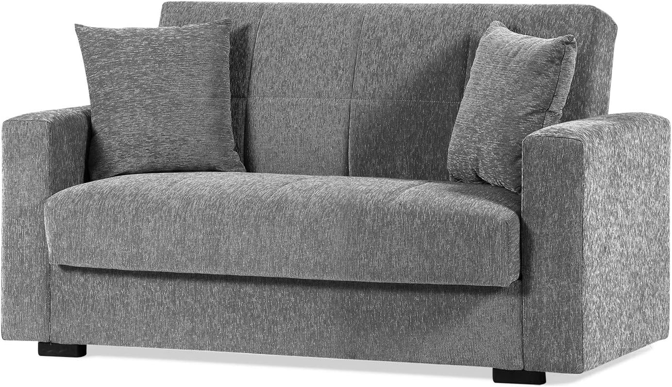 Divano letto in tessuto grigio con cassettone contenitore e cuscini (2 posti)