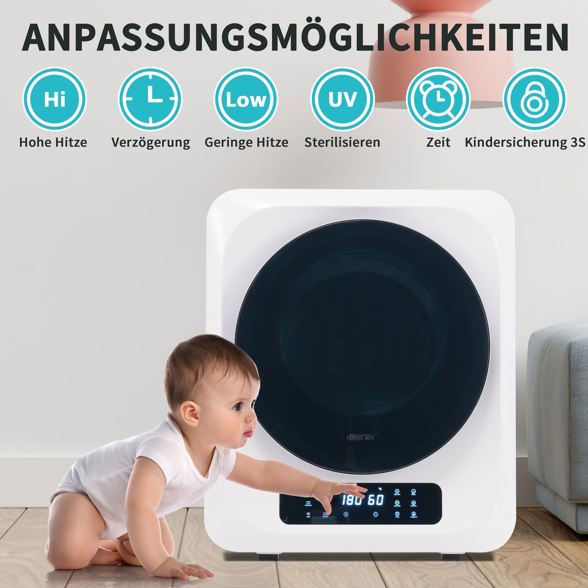 Ablufttrockner mit UV-Sterilisation und LED-Display, mini-Wäschetrockner freistehend/hängend ASMN205C