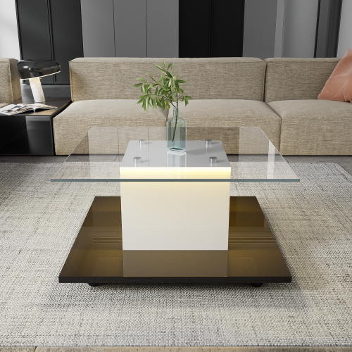Moderner Couchtisch aus Hochglanzglas mit verstellbarem LED-Lichtstreifen und Lenkrollen, 80×80×40 cm, Weiß+Schwarz