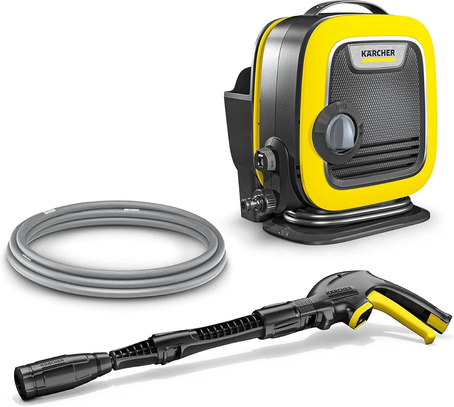 K?rcher hogedrukreiniger K Mini, licht en compact, druk: max. 110 bar, doorvoer: 360 l/u, oppervlak: 20 m2/u, gewicht: 3,93 kg, hogedrukpistool, vuilfrees, spuitlans, waterfilter, zwart, geel