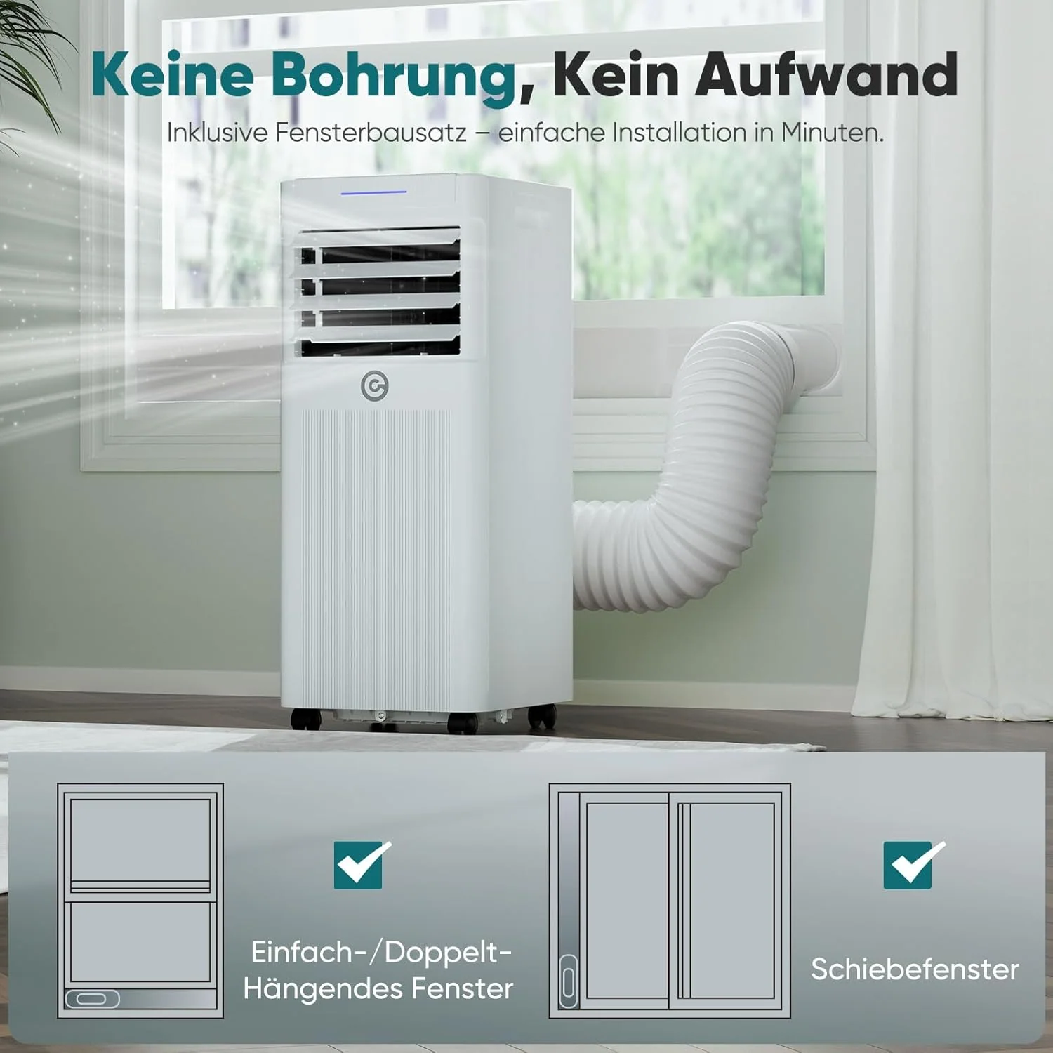Klimaanlage Mobil 9000 BTU, 3-in-1 Mobile Klimaanlage mit Abluftschlauch,Kühlen,Entfeuchten, Luftzirkulation, LED Display&Fernbedienung, 24h-Timer, Leise&Energieeffizient, Für Räume bis zu 88 m³(33㎡)
