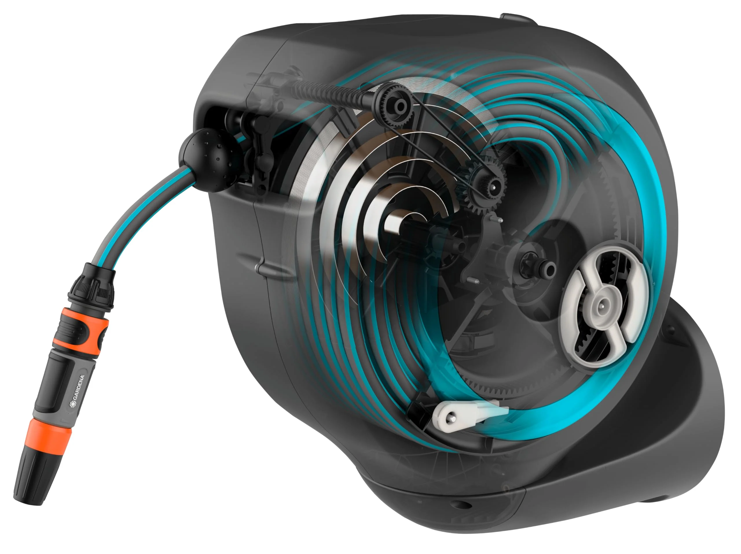 Gardena Cassetta Avvolgitubo da Parete RollUp M (turchese) 20 m: Irrigazione flessibile per giardini di medie dimensioni, tamburo orientabile con supporto a parete, accessori del sistema e pistola a spruzzo inclusi, tubo da 20 m (18610-20)