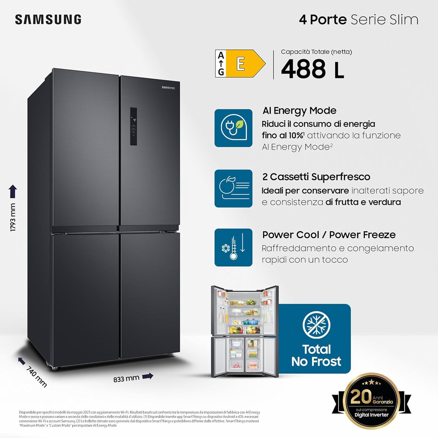 Samsung Frigorifero Quattro Porte Slim RF48A400EB4/EF, Total No Frost, Twin Cooling Plus, Motore Digital Inverter Garantito 20 Anni, 488 L, LxAxP: 83,3 x 179,3 x 74 cm, Nero