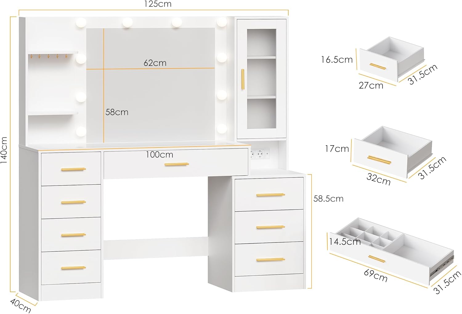 ANWBROAD BDT88W Large Makeup Table with Lights and Mirror, Adjustable Brightness, Make-up Vanity with Glass Top and Sockets on 8 Drawers 3 Open Shelves 5 Hooks Modern White