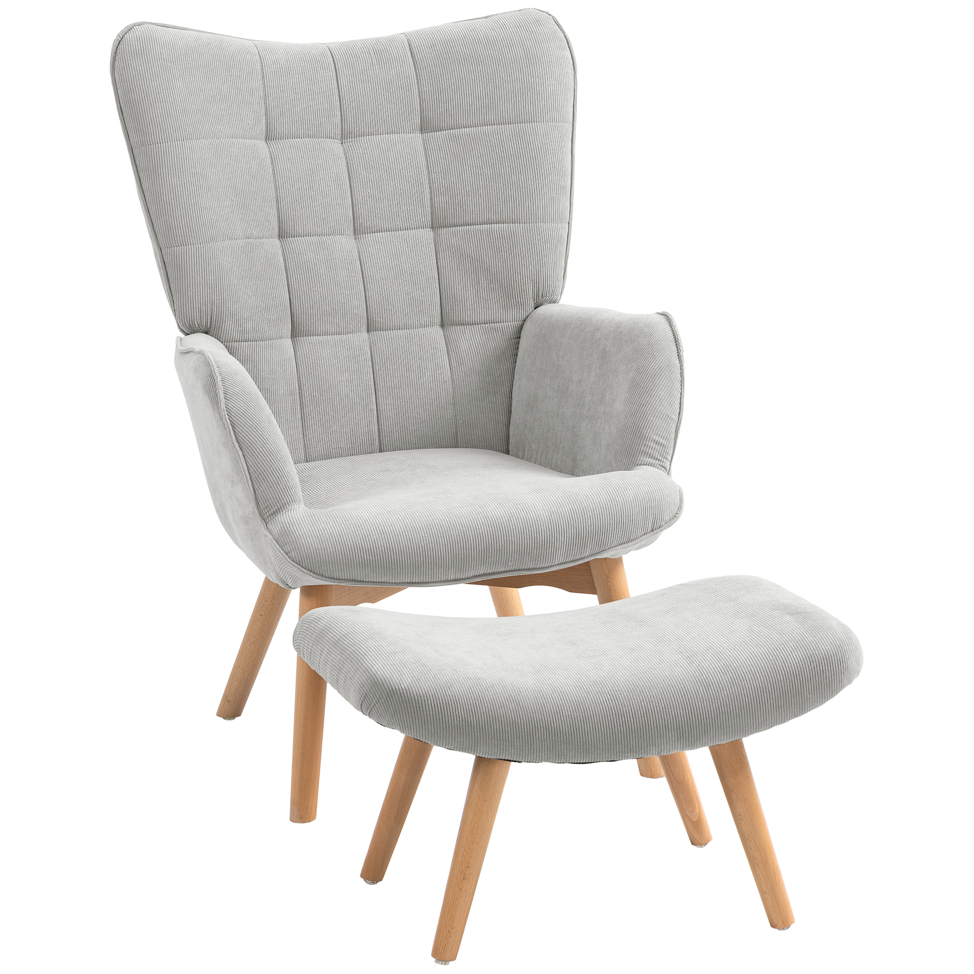 HOMCOM Akzentsessel mit Hocker, Relaxsessel in Cord-Optik, Armlehnstuhl mit Holzbeinen, für Wohnzimmer, Grau