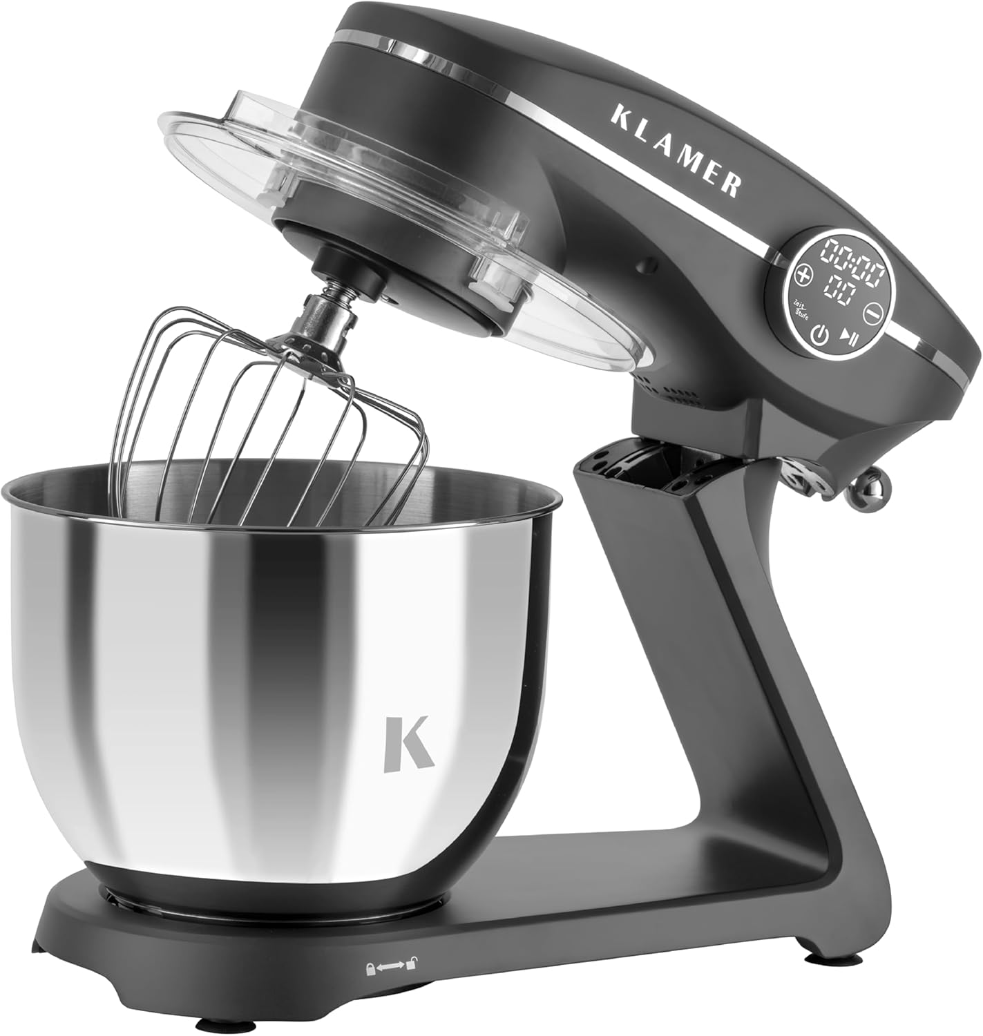 KLAMER Küchenmaschine 1800W, Knetmaschine Brotteig mit Edelstahl-Rührschüssel 6 L, 10 Stufen mit Timer, Planetenrührwerk, Rührbesen, Knethaken, Schneebesen & Sichtdeckel (schwarz)