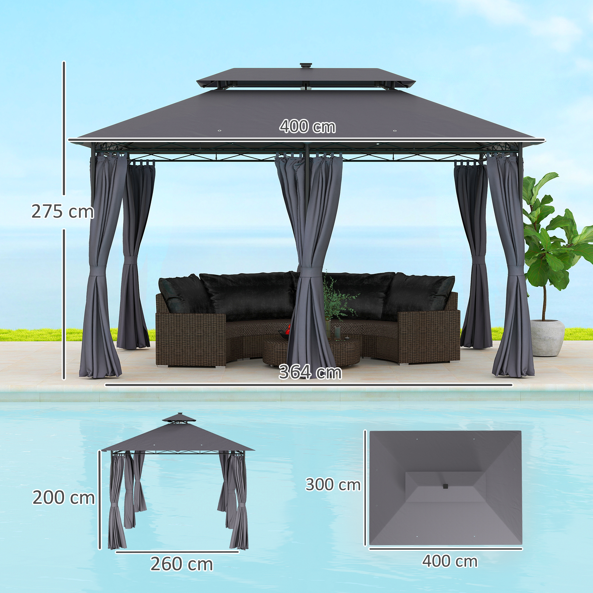 Outsunny 3 x 4 m Tuinpaviljoen, Tuintent met Zijwanden en Solar-LED-Lichten, Stalen Frame, Terrastent, Donkergrijs