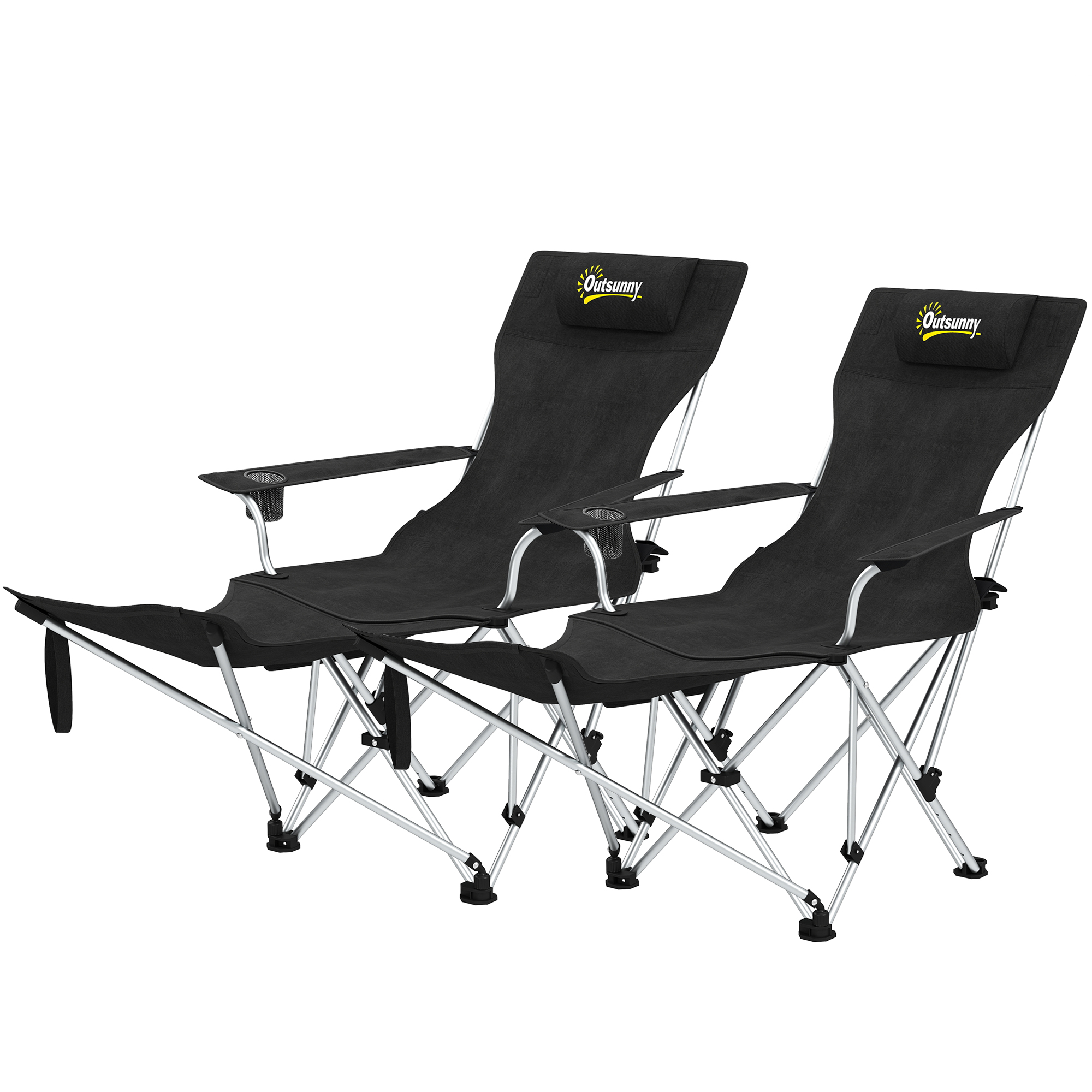 Outsunny 2er Set Campingstuhl faltbar Angelstuhl mit abnehmbar Fußstütze Getränkehalter belastbar 120 kg Schwarz