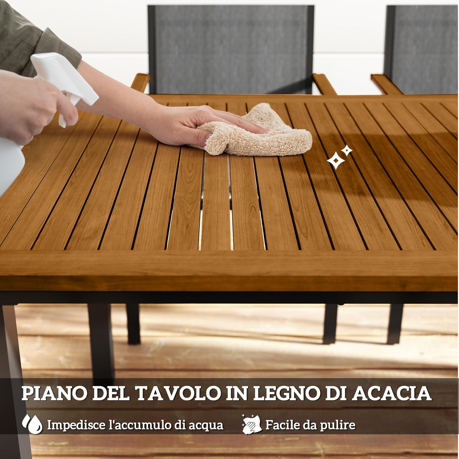 Outsunny Set Tavolo e Sedie da Esterno da 7 Pezzi, Set da Pranzo con Tavolo e 6 Sedie Impilabili con Braccioli, Mobili da Esterno in Acciaio, Texteline e Legno di Acacia per Terrazza, Teak