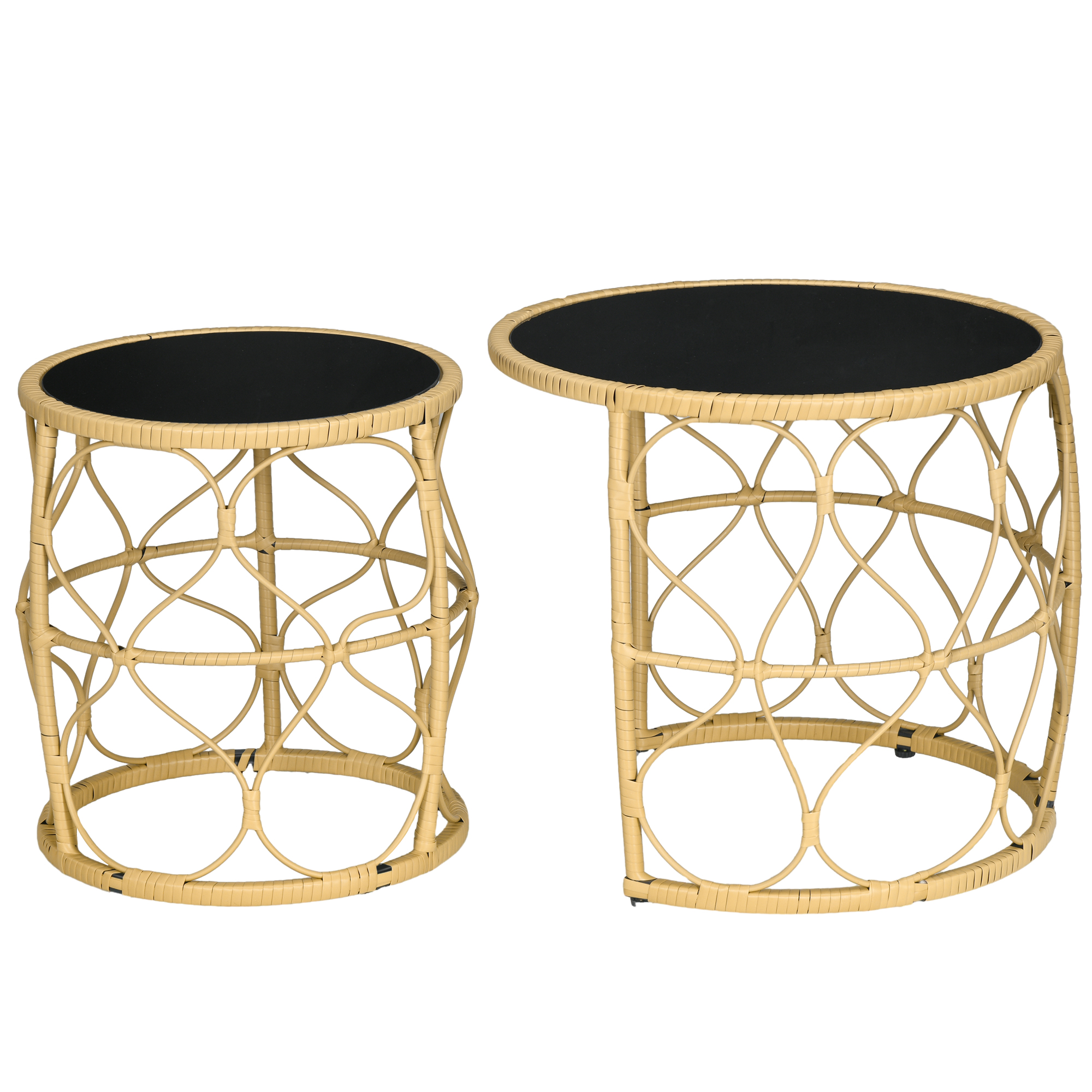 Outsunny 2er-Set Gartentische Outdoor-Beistelltische, Boho-Stil, Indoor. Outdoor, 55 cm x 55 cm x 51 cm, Schwarz + Natur
