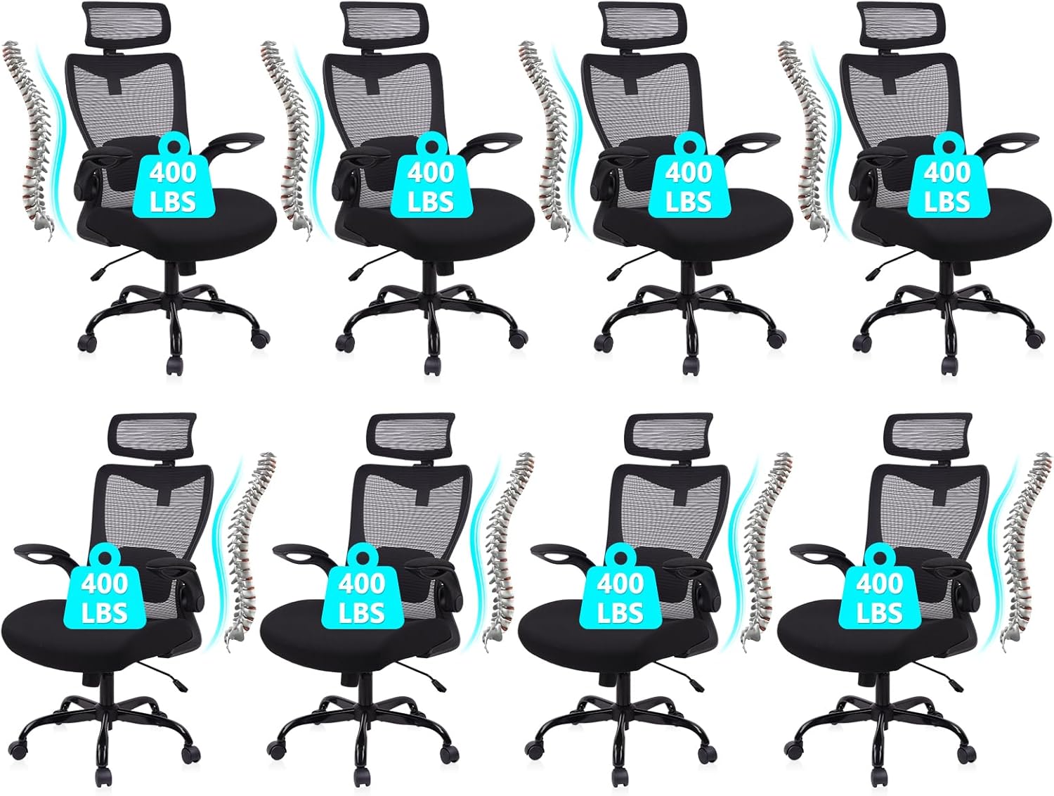 CLATINA Heavy Duty Ergonomic Mesh Office Chair 400LBS, Big and Tall Desk Chair with Adjustable Lumbar Support & Headrest, Flip Up Padded Arms, High Back Computer Chair for Home Office, Black, 8 Pack