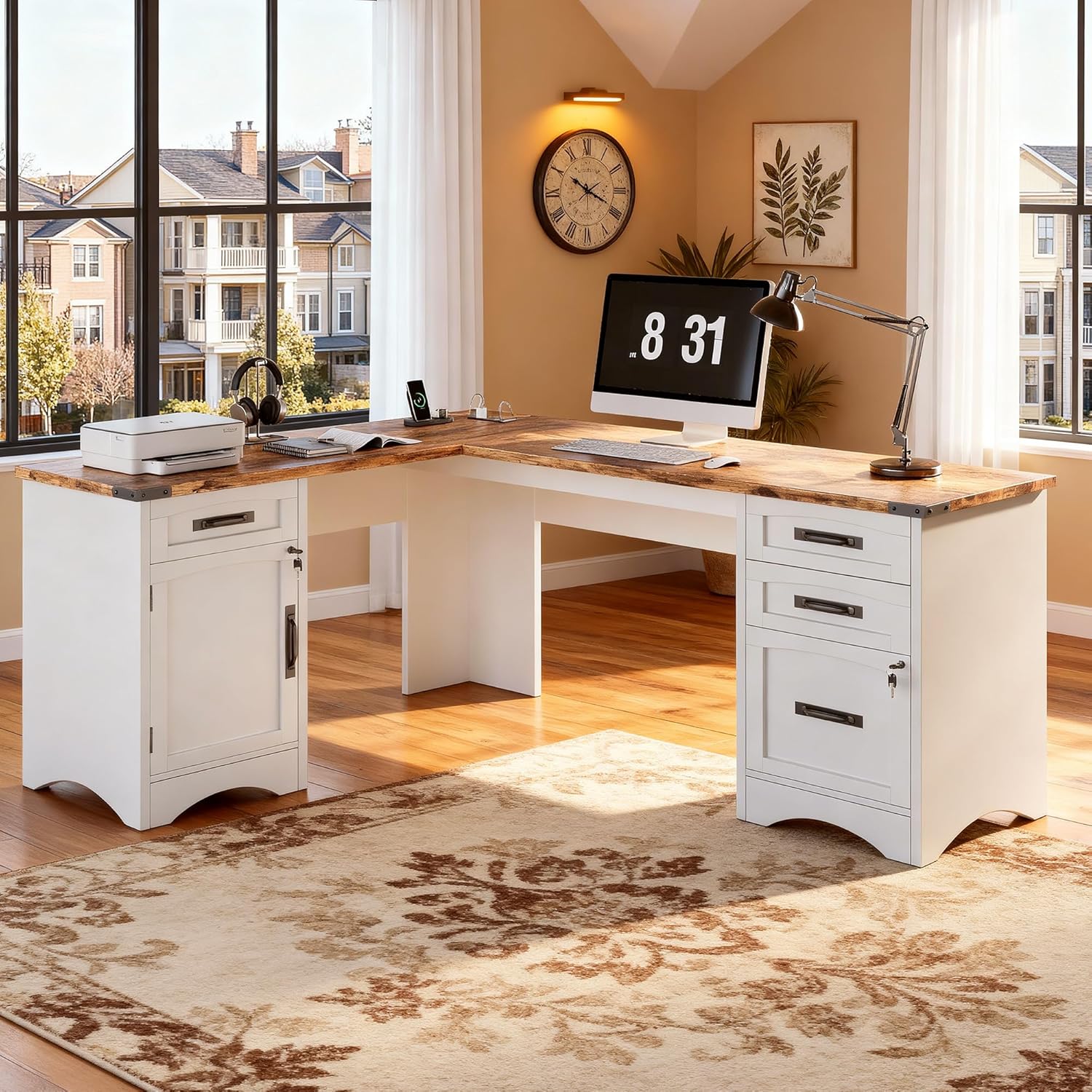 L Shaped Farmhouse Executive Desk with Drawers, 67