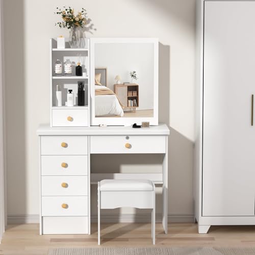 Tavolo da trucco bianco con specchio, 6 cassetti e ripiani aperti, elegante tavolo da toeletta in legno per camera da letto : Amazon.it: Casa e cucina