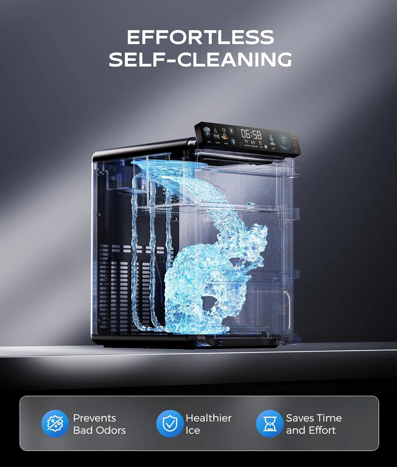 Nugget Ice Maker Countertop, Smart Pebble Ice Machine with APP Control, 44 lbs/24H Soft Pellet Chewable Ice with Self-Cleaning, Stainless Steel.