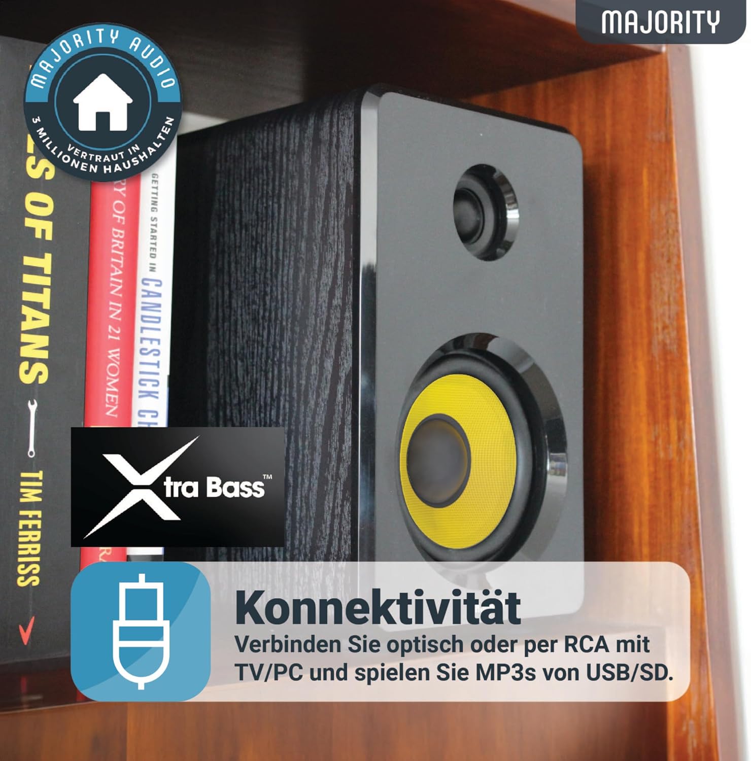 MAJORITY D40 Bluetooth Lautsprecher Boxen | 60W 2.0 Aktivlautsprecher | Studio Monitor mit 4-Treiber | Regallautsprecher für HiFi Stereo mit Optischer, RCA-, USB- und AUX-Eingang | Fernbedienung