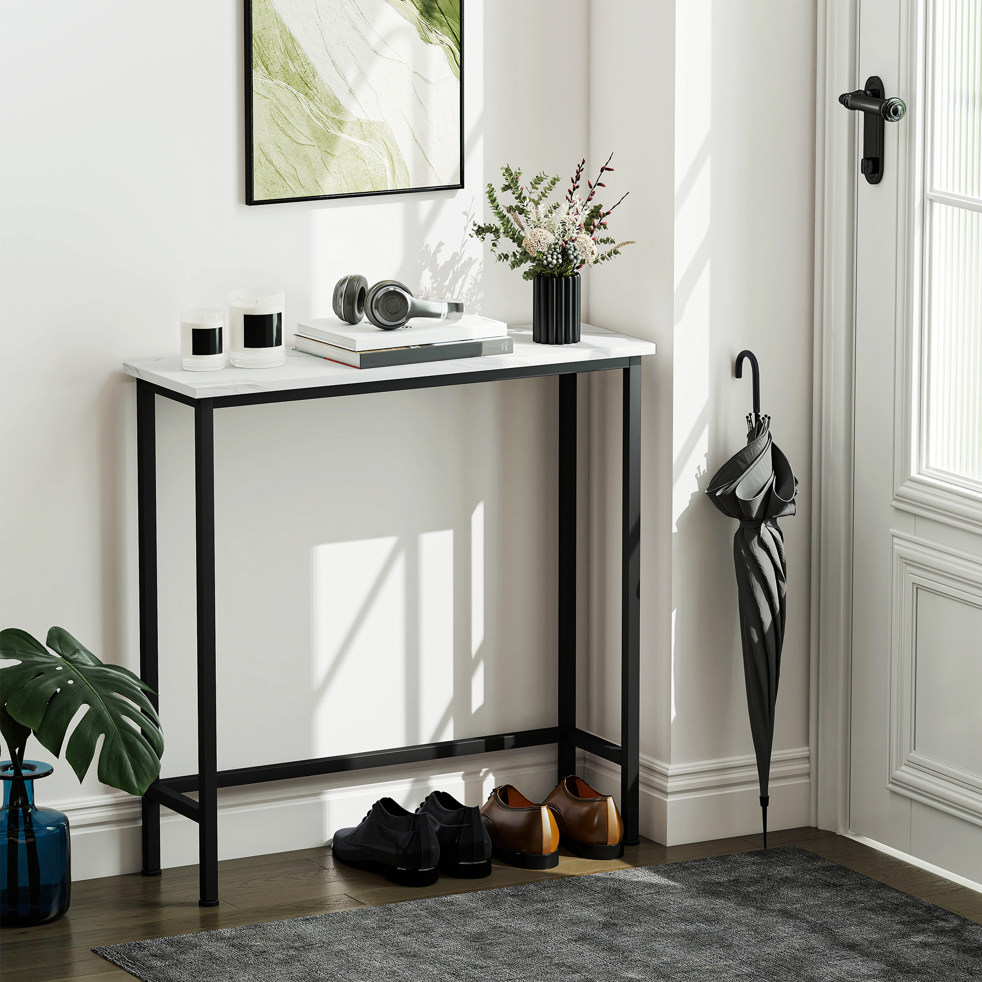 HOMCOM Eingangskonsolentisch Schmal mit Marmorierter Oberfläche und Metallrahmen 75x24x76 cm Weiß und Schwarz