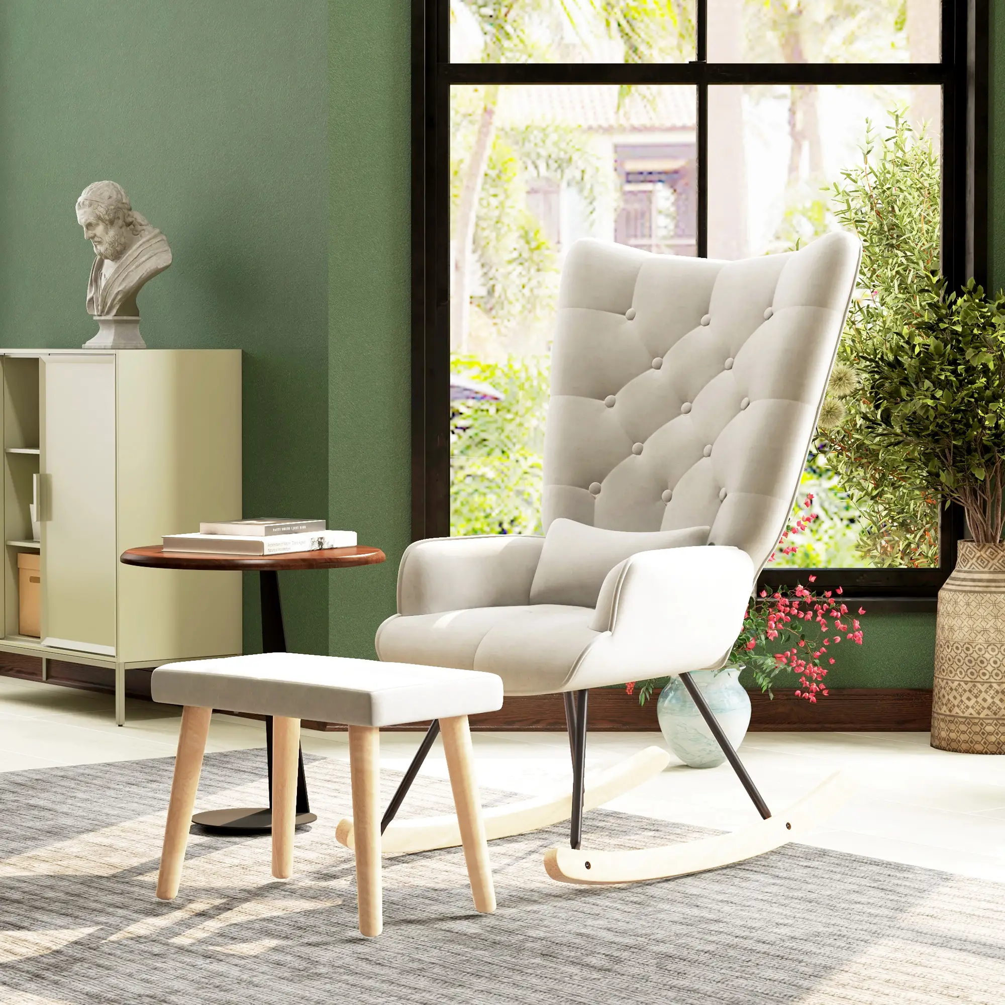 HOMCOM Relaxsessel mit Hocker Schaukelstuhl Set Samt Cremeweiß