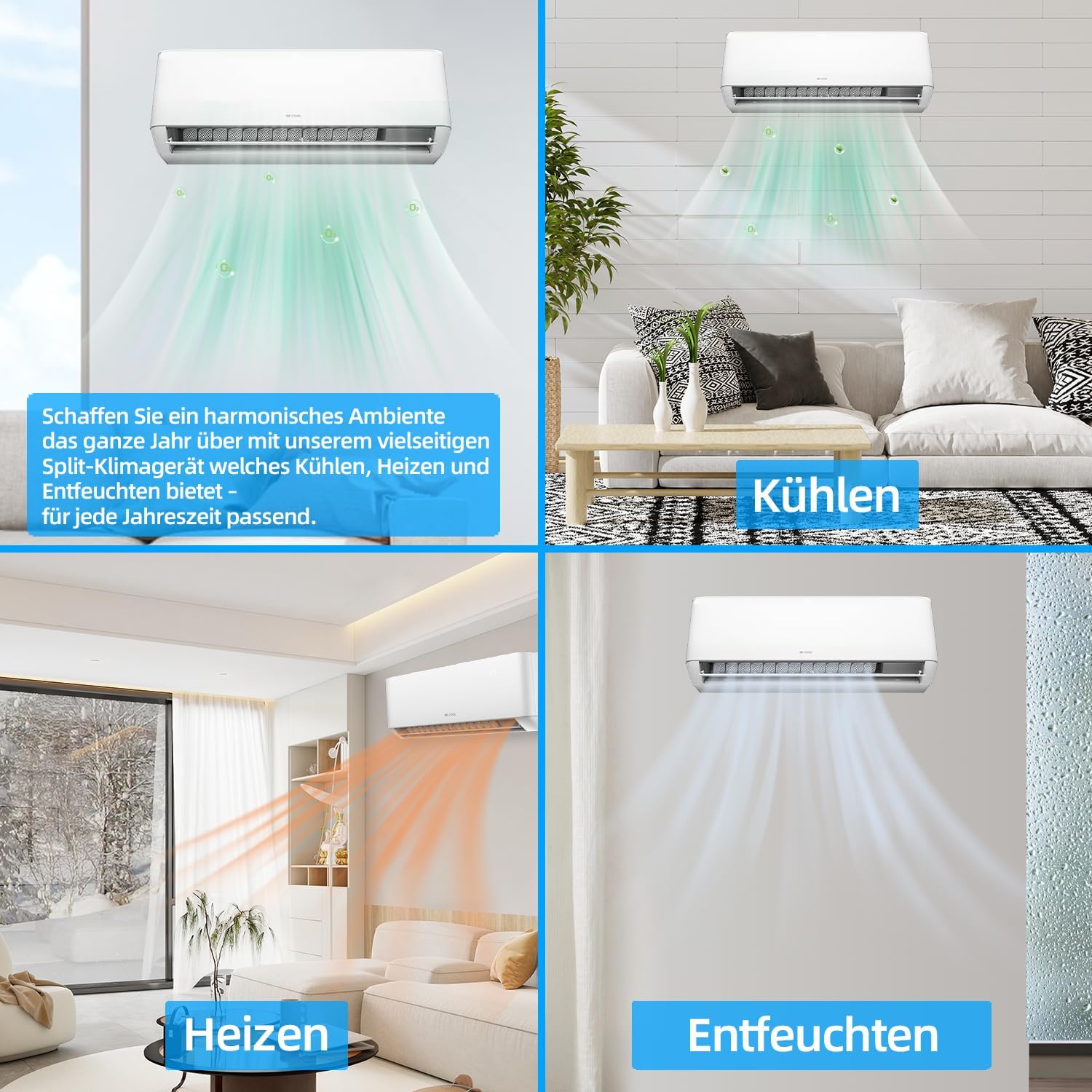 BE COOL Premium Split-Klimagerät 18.000 BTU mit Quick Connect – Kühlen: 5100 Watt/Heizen: 5100 Watt, EEK A++ / A+, max. 160 m³, 4m Quick Connector, WiFi, Fernbedienung, Premium-Funktionen – weiß