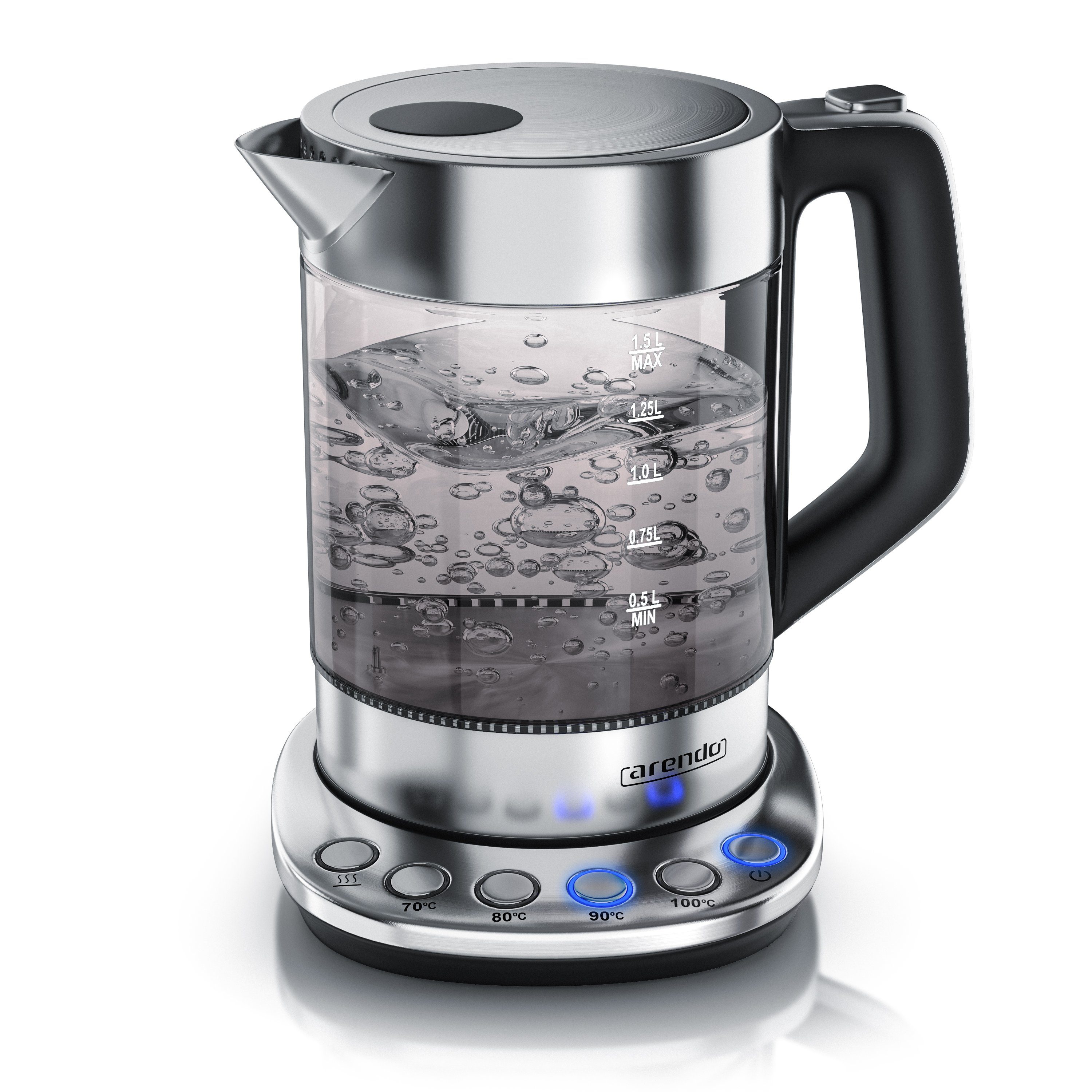 Wasserkocher aus Glas & Edelstahl, Temperatureinstellung, Basisstation, Rauchglas