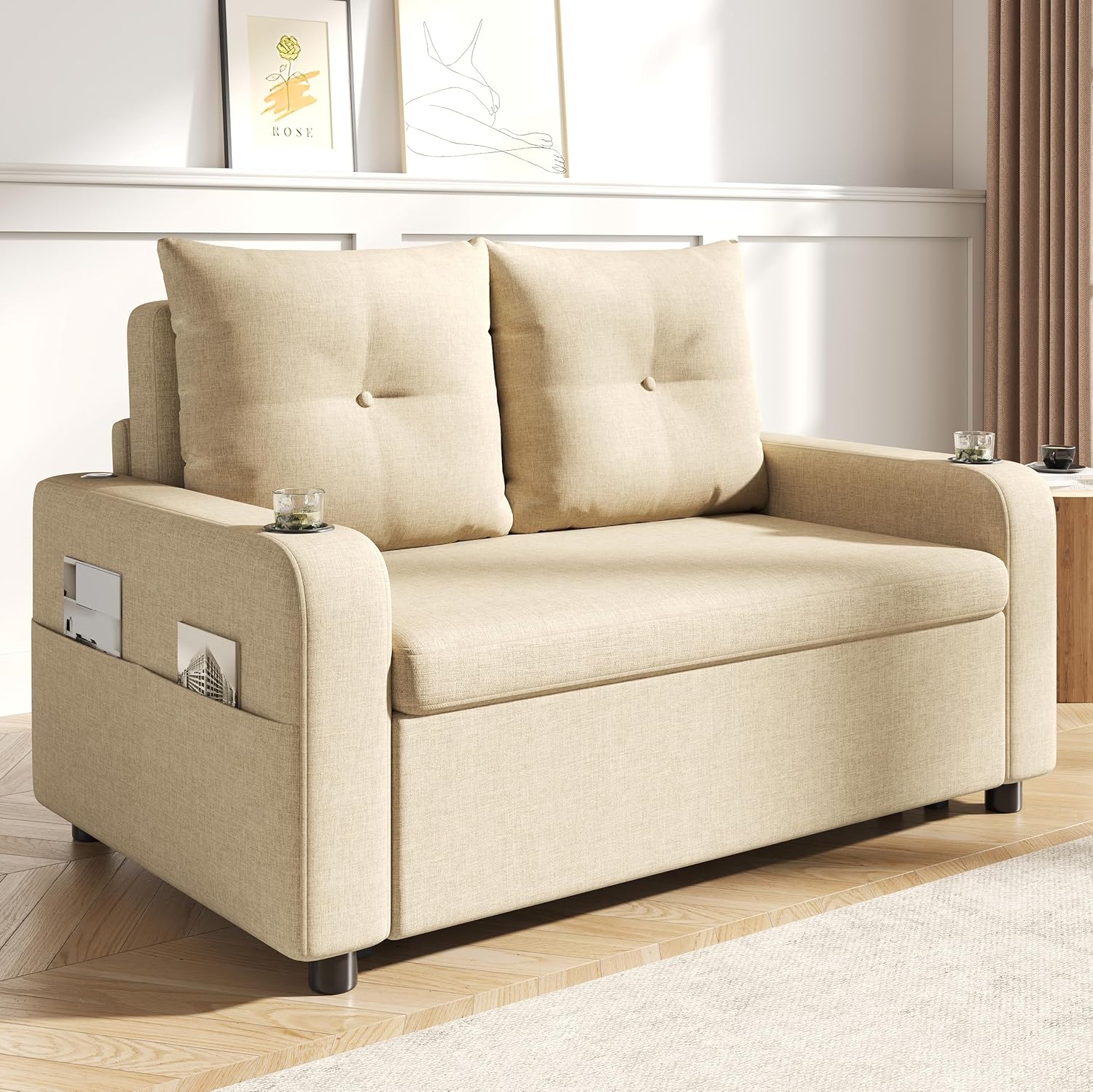Divano letto 3 in 1 beige, 81 x 94 x 131 cm, con funzione sonno, divano doppio con portabevande, tasche laterali, cuscino, design moderno, adatto per soggiorno e camera da letto