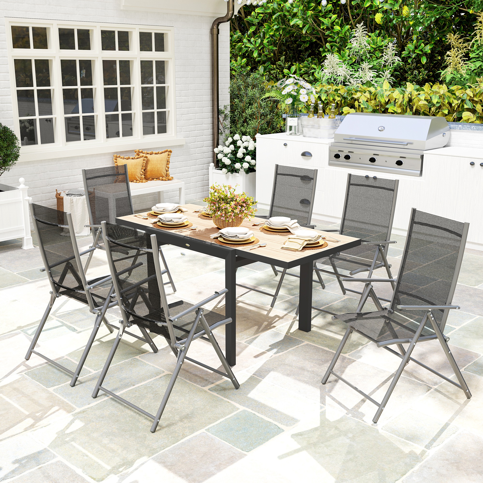 Outsunny Weerbestendige Uitschuifbare Aluminium Tuintafel 80/160x80 cm voor 6 Personen in Natuurhout Look