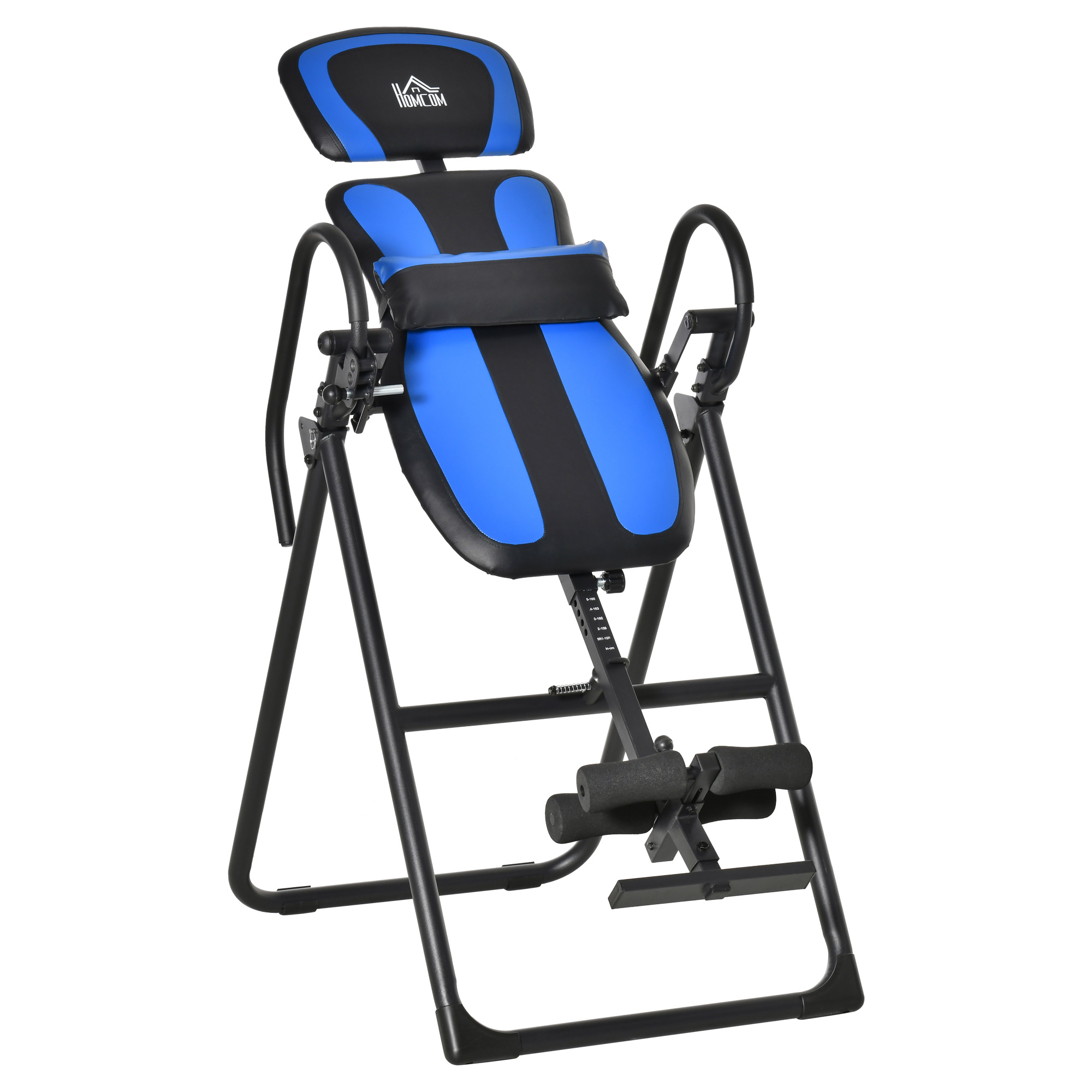 HOMCOM Inversionsbank klappbarer Schwerkrafttrainer mit zwei beweglichen Rädern eingestellt Rückenpolster Metall ABS Schwarz+Blau 132 x 71 x 145 cm